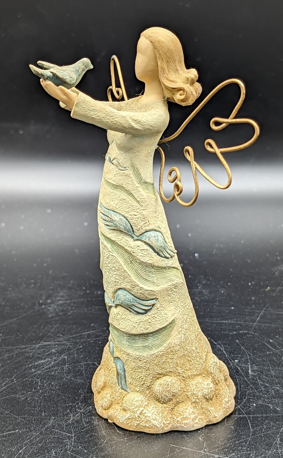 Florentine Angel Figurine Angel with Bird 5.5 In Resin Goldtone Wire wings