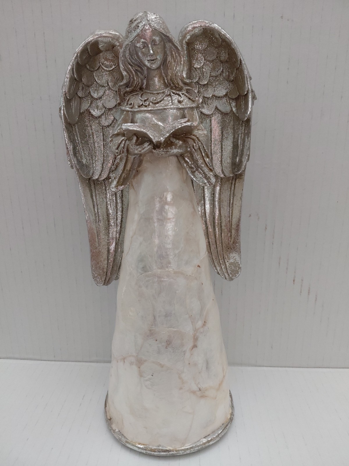 Angel Reading Silver Sparkle Abalone Shell Skirt Metal Wings Vintage Decor 11″