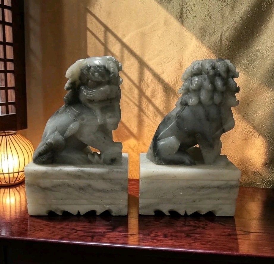 Chinese Pair Of Gray Marble Carved Soapstone Foo Dogs Guardian Lion Bookends 4″