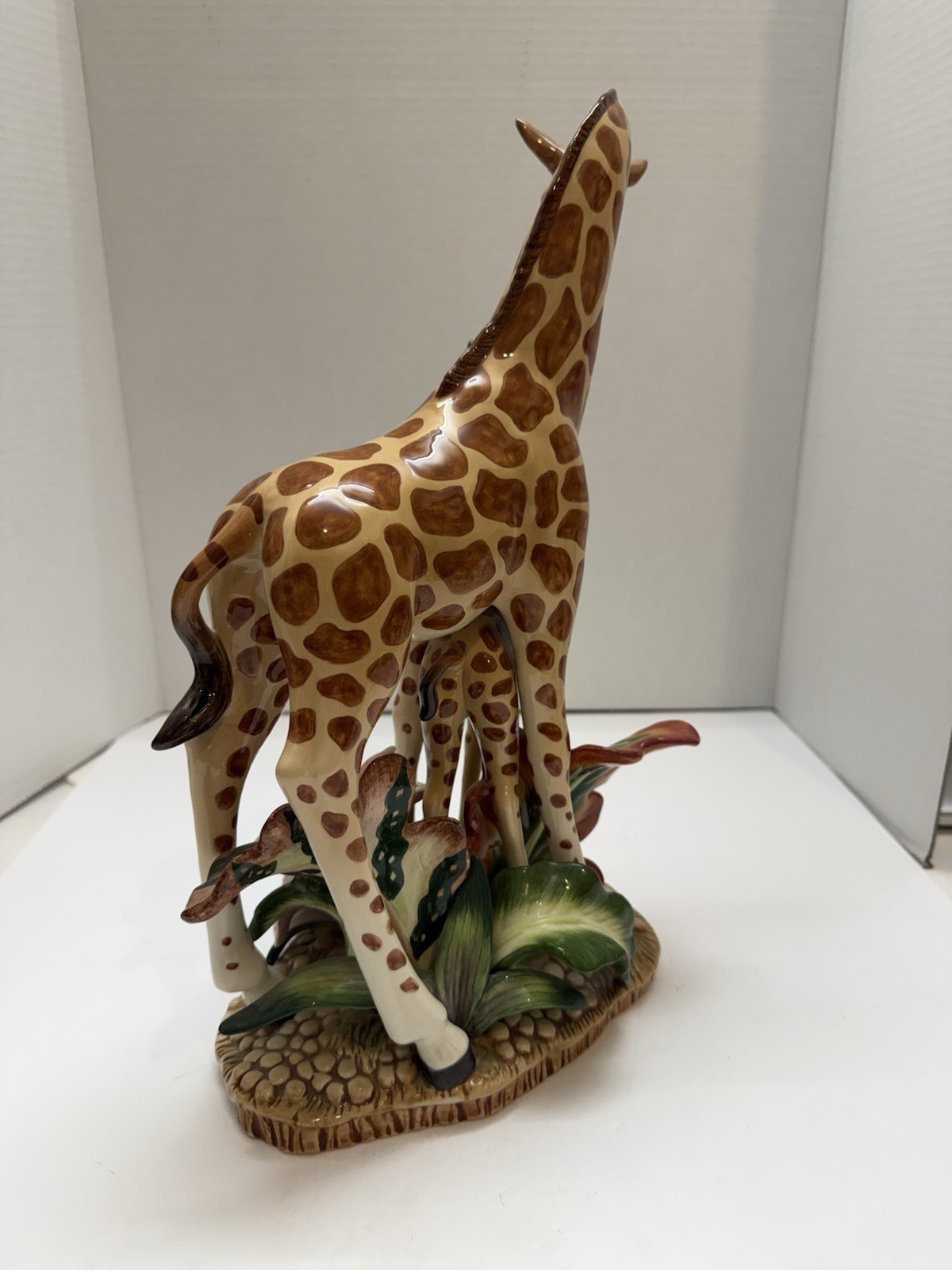 Vintage Fitz & Floyd Mother Baby Giraffe Figurine Statue With Pink Lilies 15”