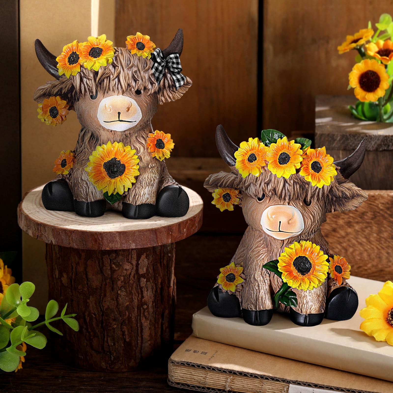2 Pcs Summer Sunflower Highland Cow Figurines Gifts, Cute Highland Cow Statue…