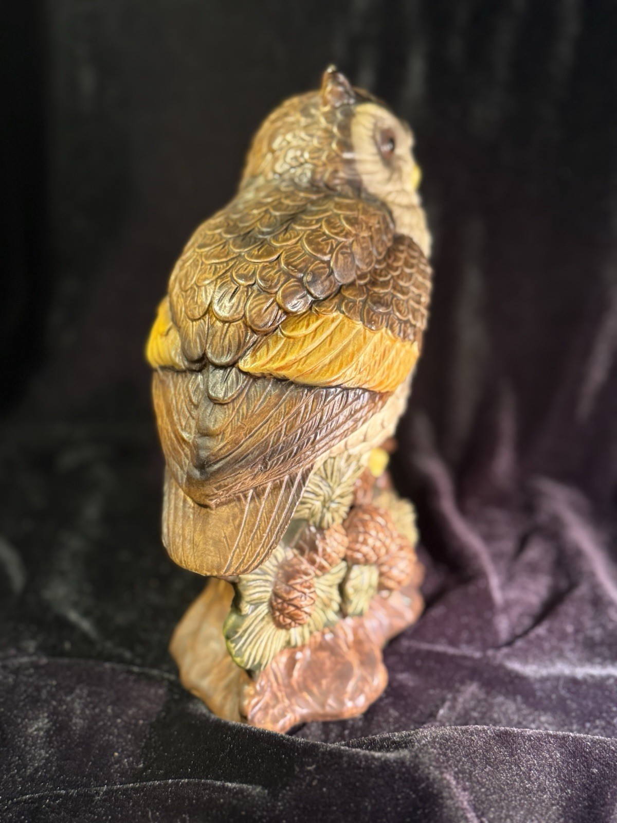 Great Horned Owl Figurine On Pine Vintage Norleans Porcelain. 8.5 Inches. Signed