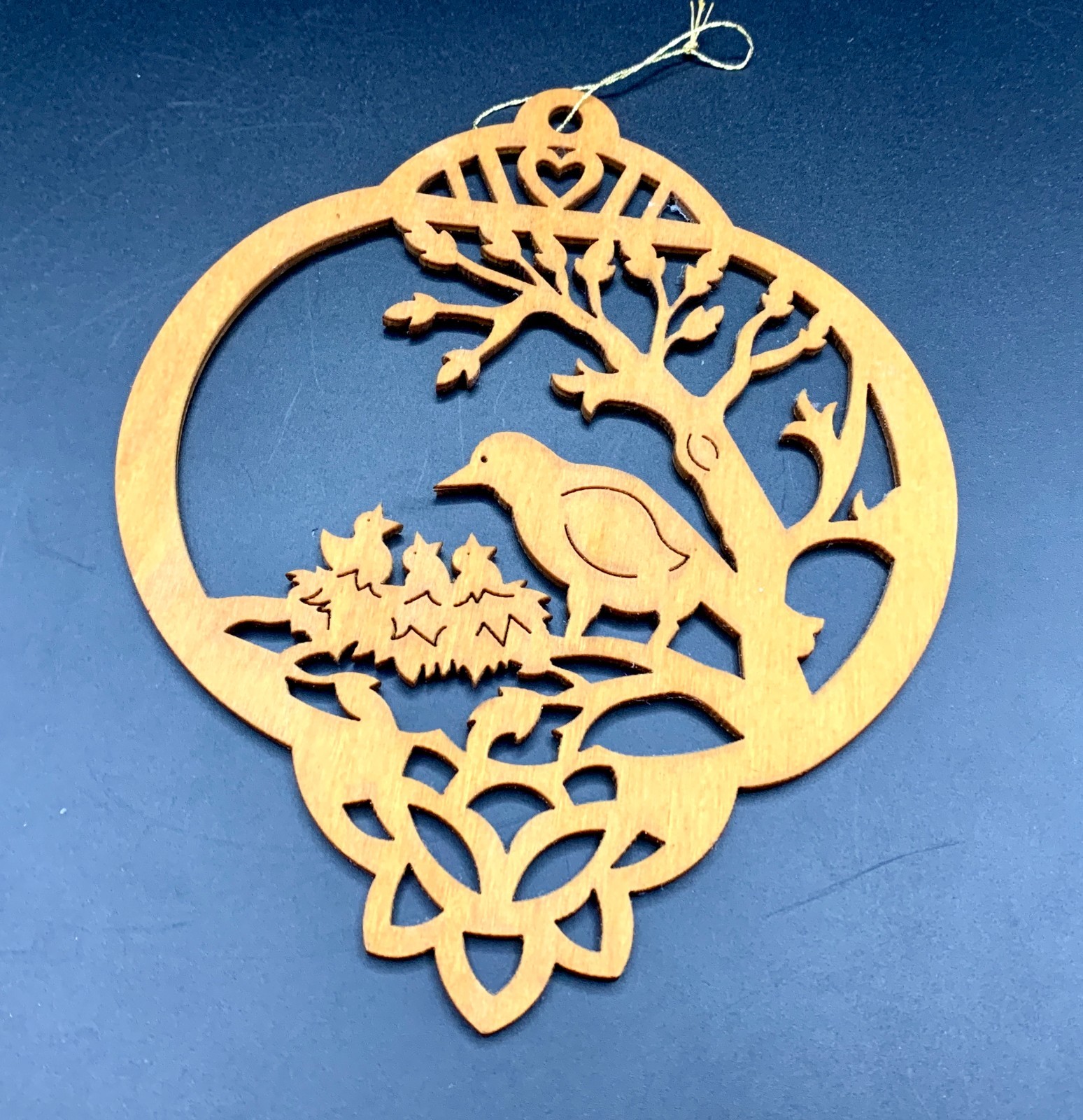 Vintage Artist Signed Wood Cut Out Wall Art Round Robin w/ Chicks Nest Tree 5.5″