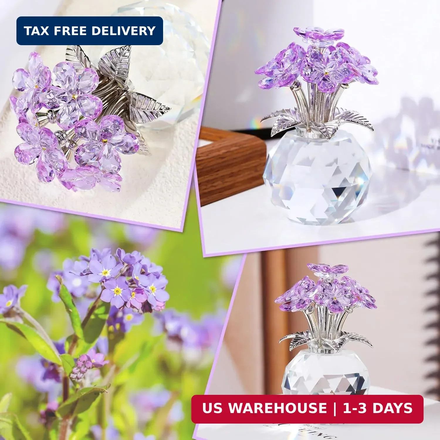 YWHL Purple Crystal Forget Me Not Flower Gifts for Women, Crystal Glass Figurine
