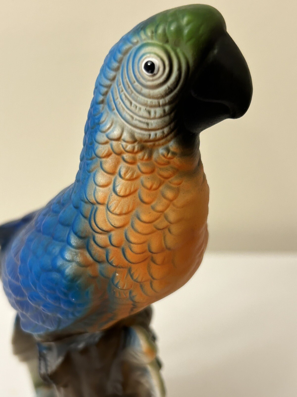 Stunning Vintage 8” Parrot Ceramic Green Blue Orange Bird Branch Figurine Japan