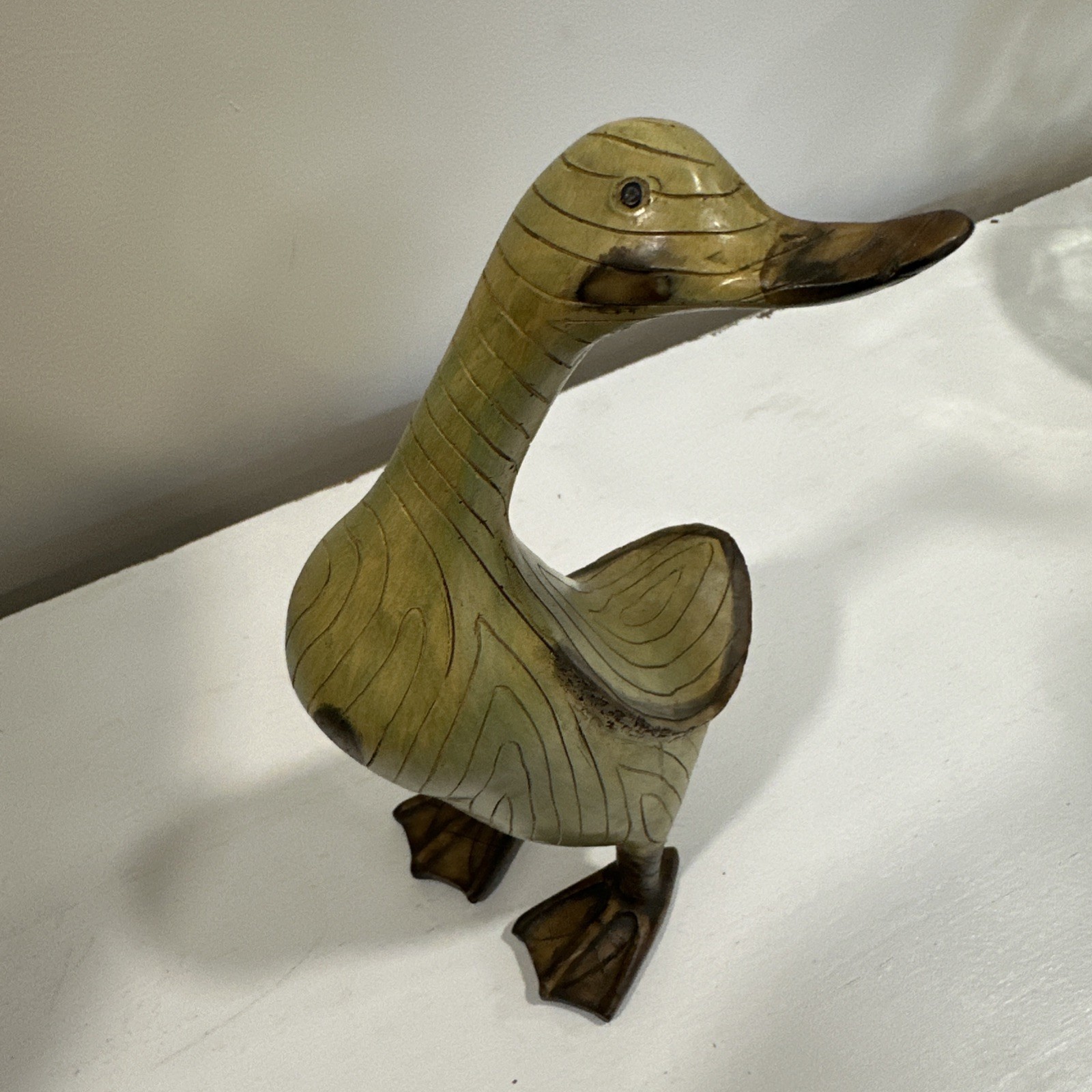 Tii Collection 11.5” Duck Folk Art Wood Resin Hand Painted & Carved Green Wash