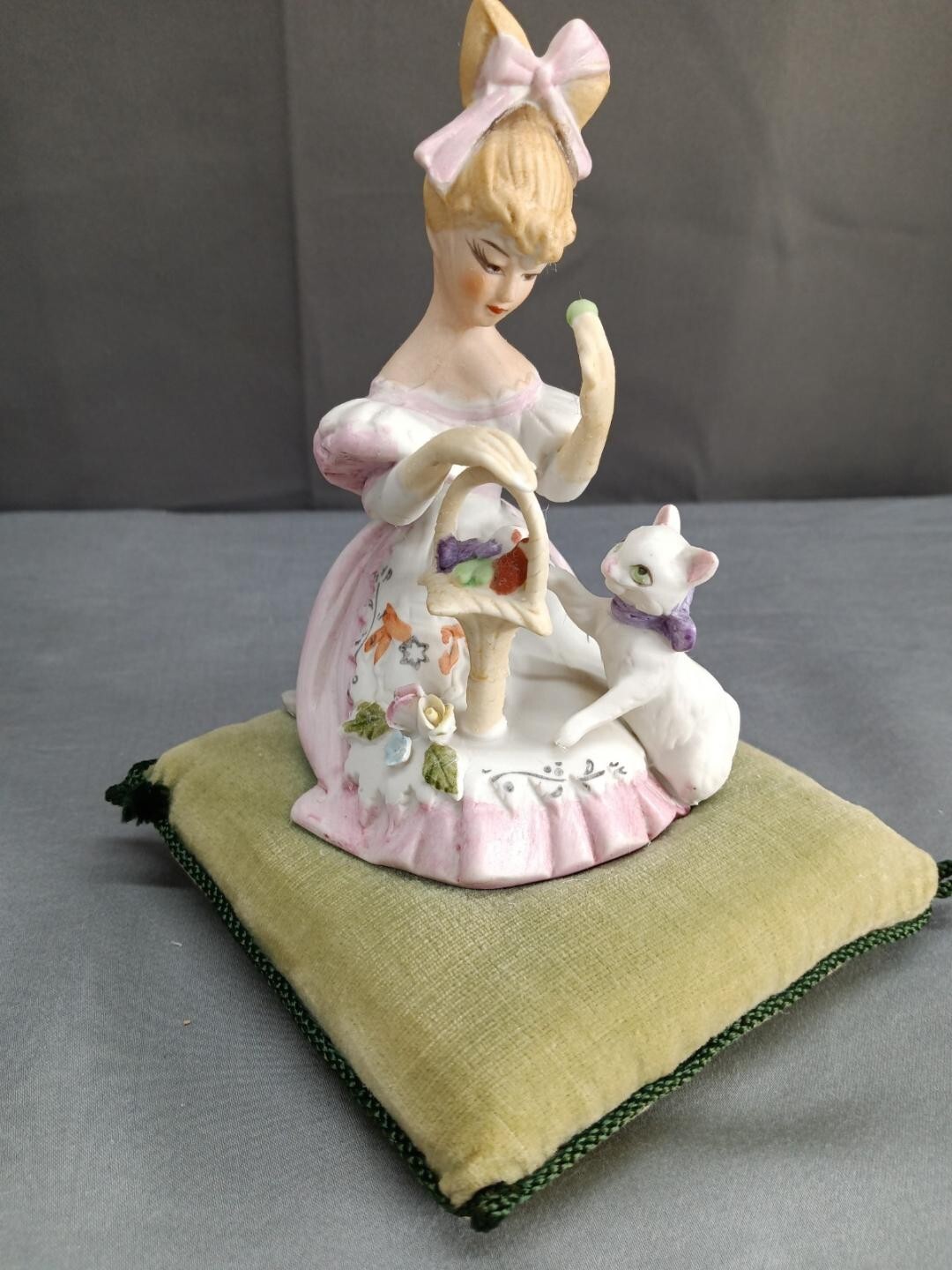 Vintage Lenwile Ardalt Girl with Cat on Velvet Pin Cushion Pillow Hand Painted