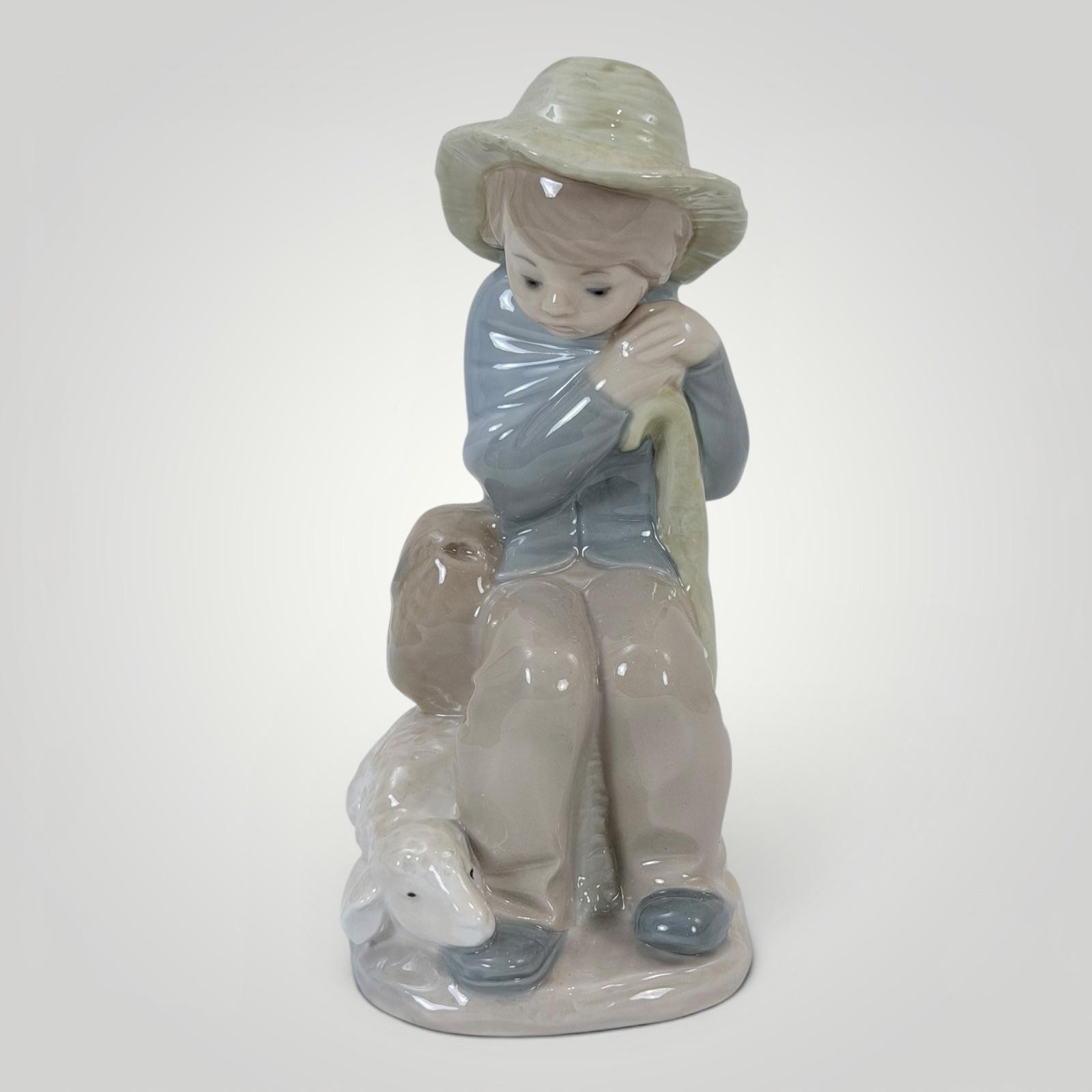 Vintage 1970s Zaphir Spain Shepherd Boy Lamb Porcelain Figurine 7.5″ Glossy