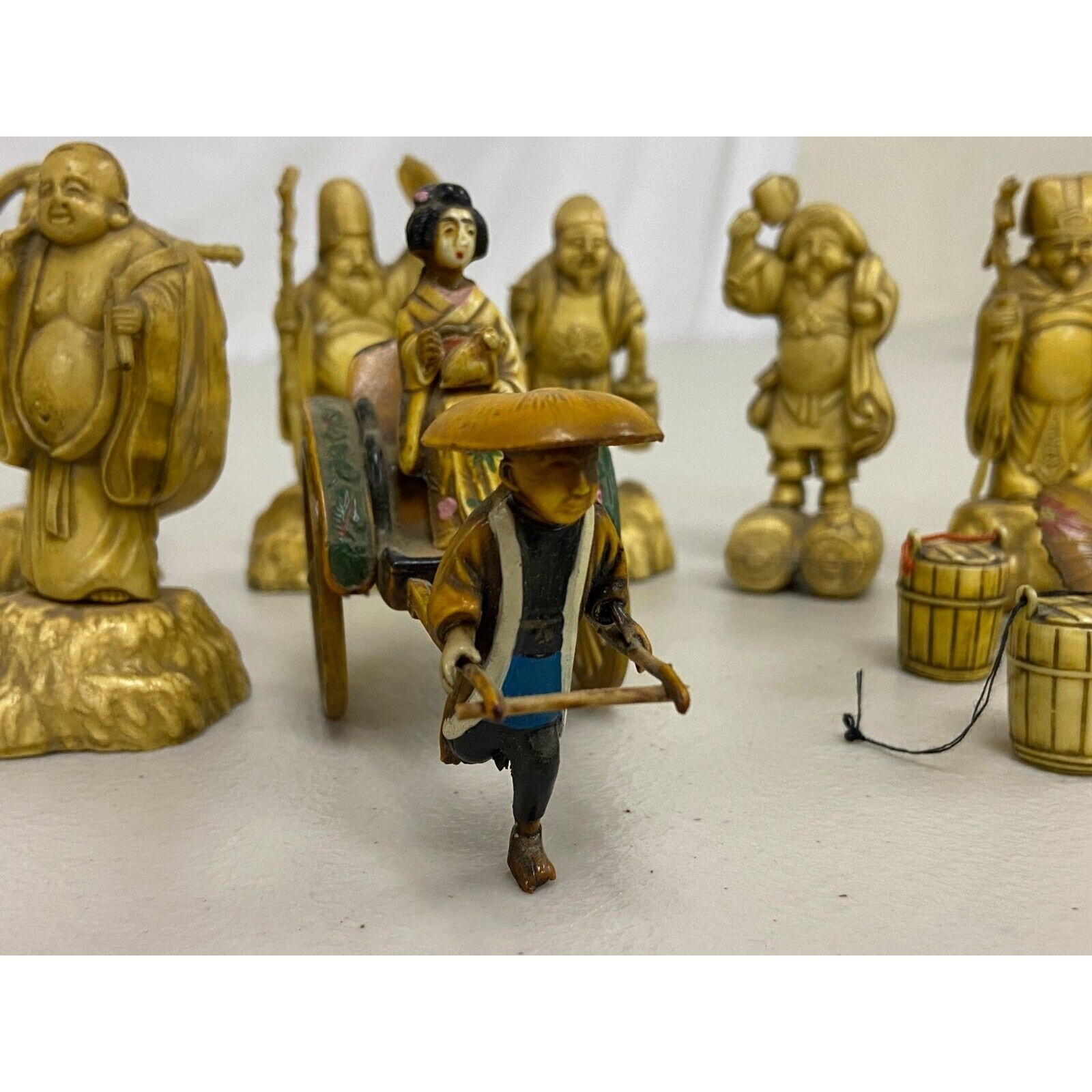 Seven Lucky Gods of Fortune Figurines Vintage Japanese Ceramic Complete Set