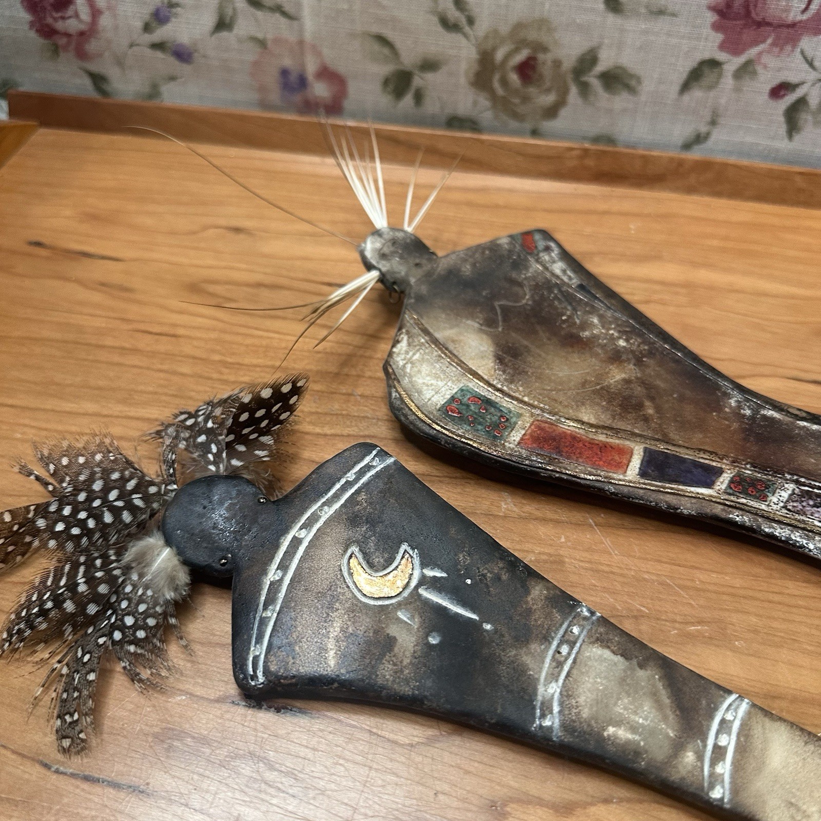 RARE Antique Handmade Metal Like Spirit Figures Feathers Porcupine Native Carvin