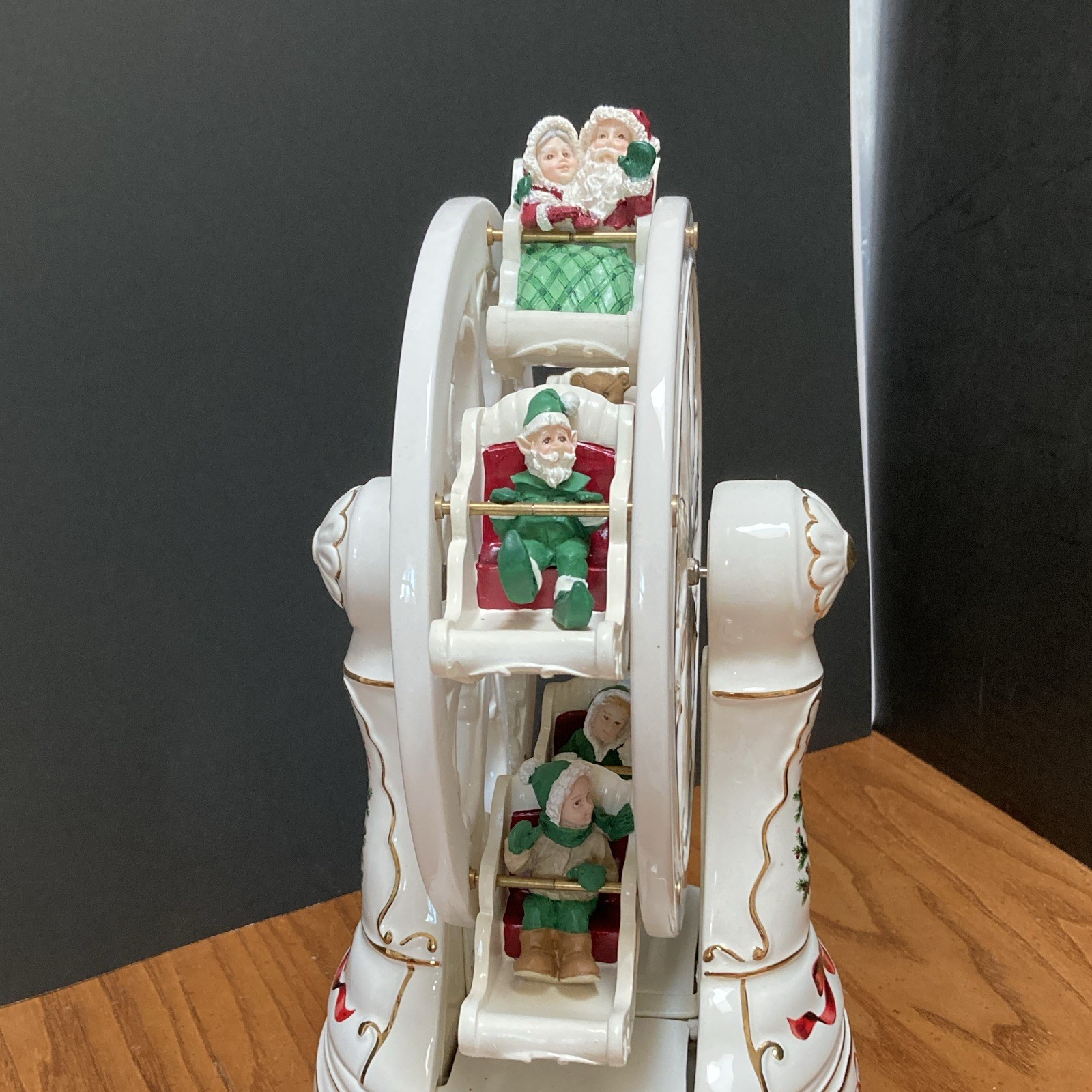 Ceramic Christmas Ferris Wheel Figurine Santa Claus White Gold Trim 3D Effect