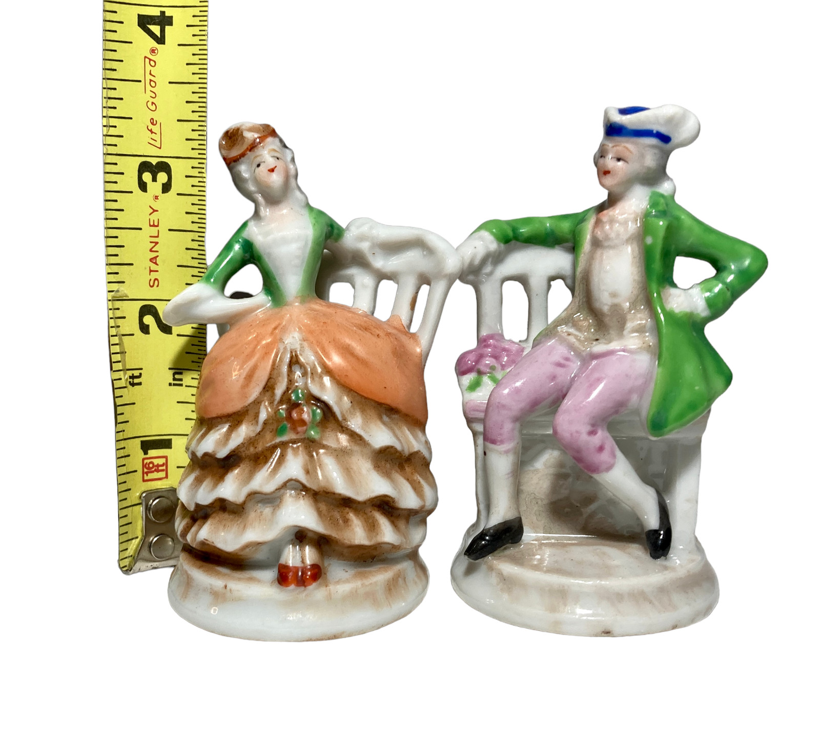 Colonial Man and Woman Porcelain Figurines Chair Made in Japan 3.25″H Vintage