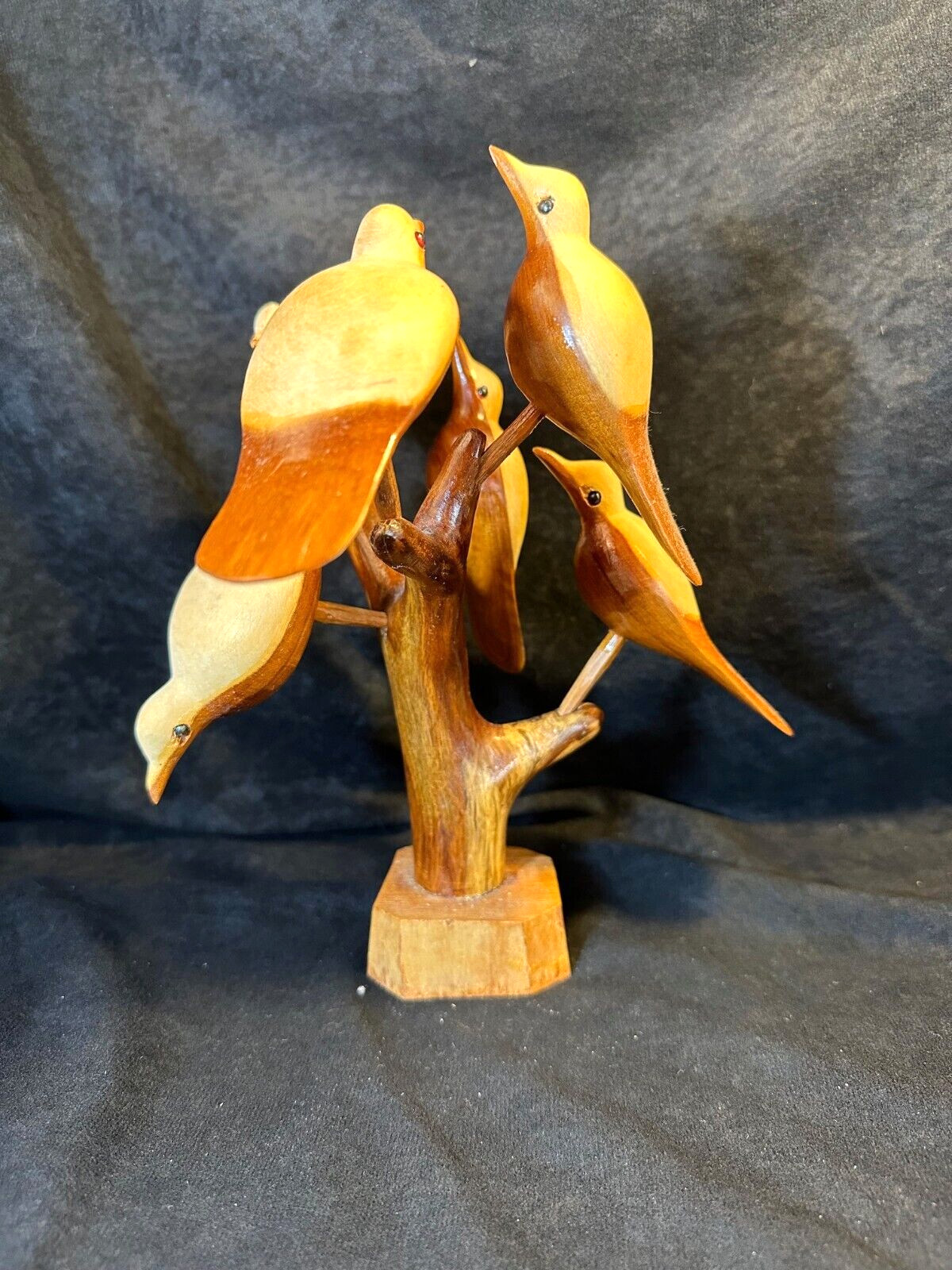 Vintage Hand Carved Wooden Tree with Six Removable Birds Figurine Sculpture
