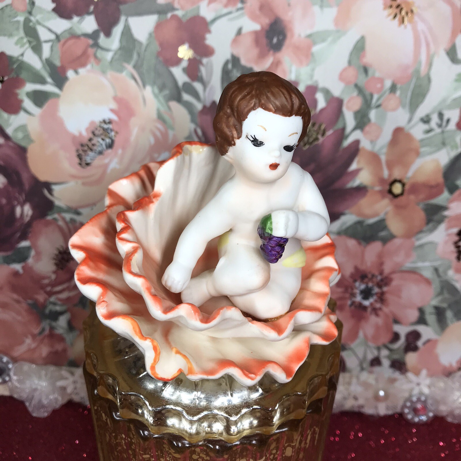Vtg Norleans August Cherub Sitting In Orange Trim Flower Poppy Figurine Japan