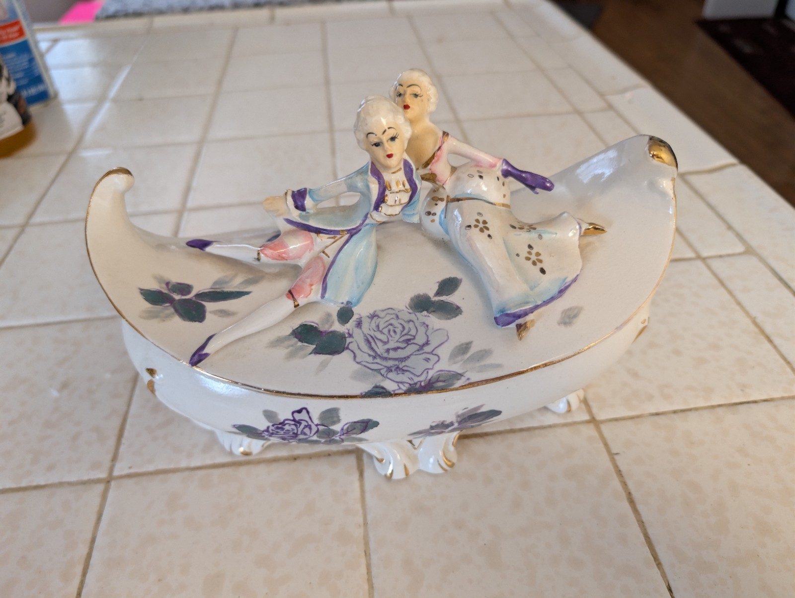 Vintage French Porcelain Figurine Trinket Box with Lounging Aristocratic Couple