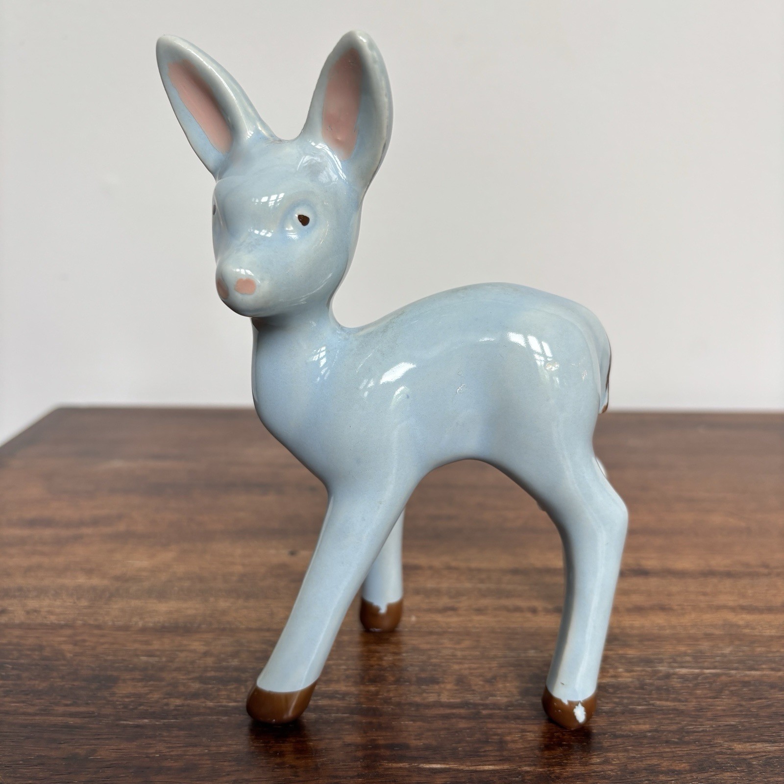 Vintage Ceramic Standing Fawn, Doe, Deer Figurine, Light Blue Hand-painted