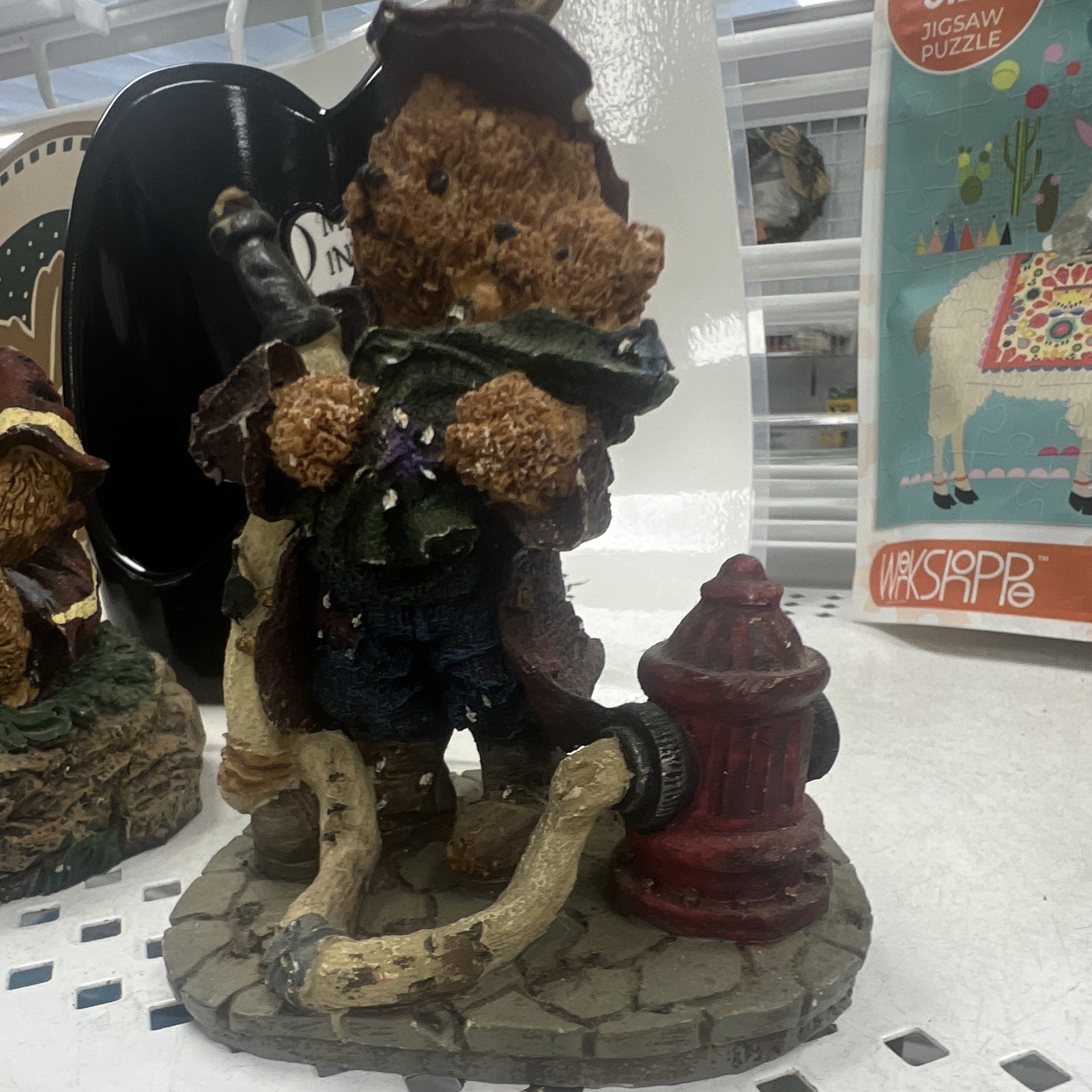 Multicolor Painted Resin Bear Firefighter Figurine with Fire Hydrant