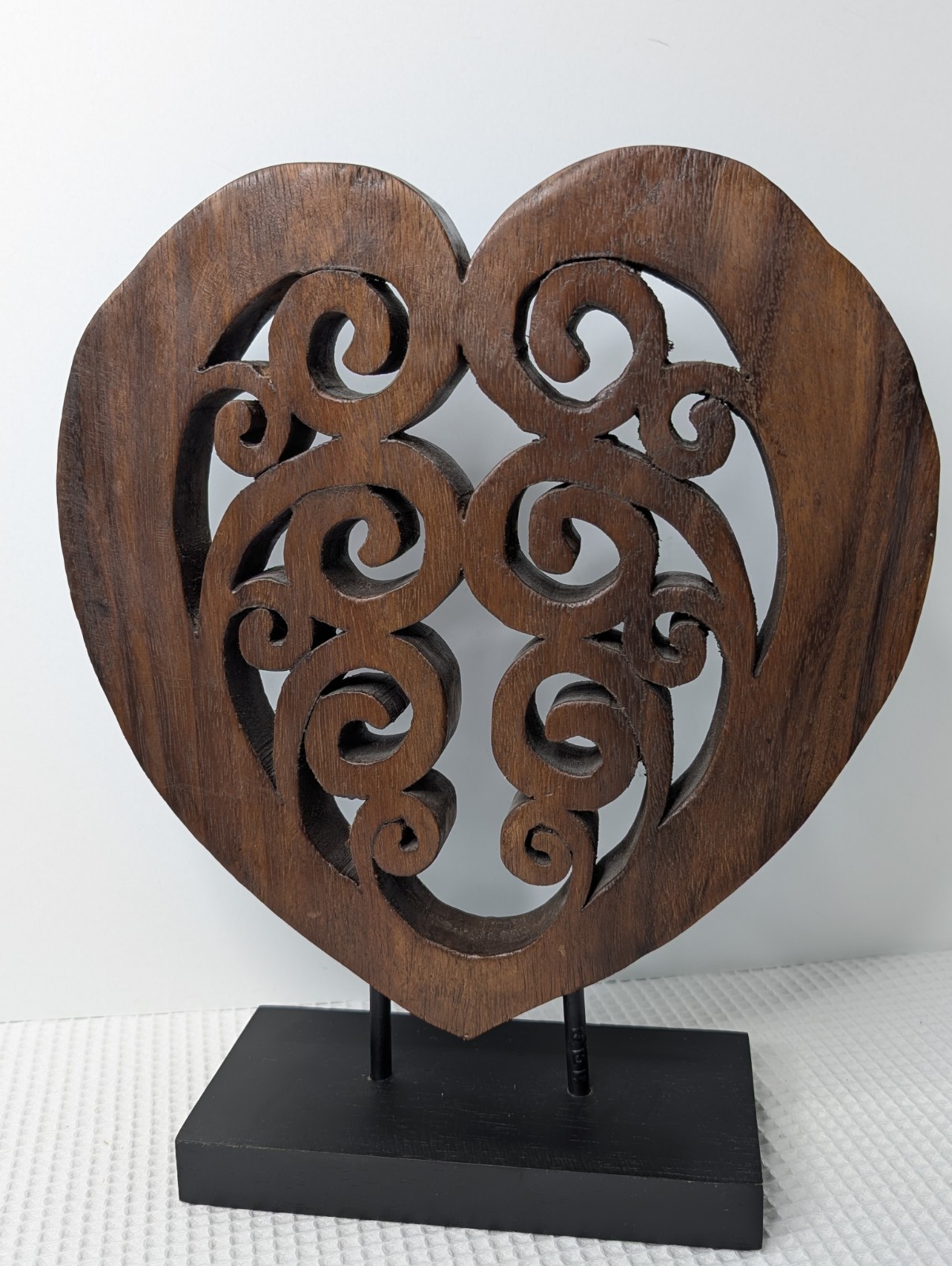 Art Scrolled Heart Hand Carved Wood Hand Painted On Base 14″ Tall Brown Black