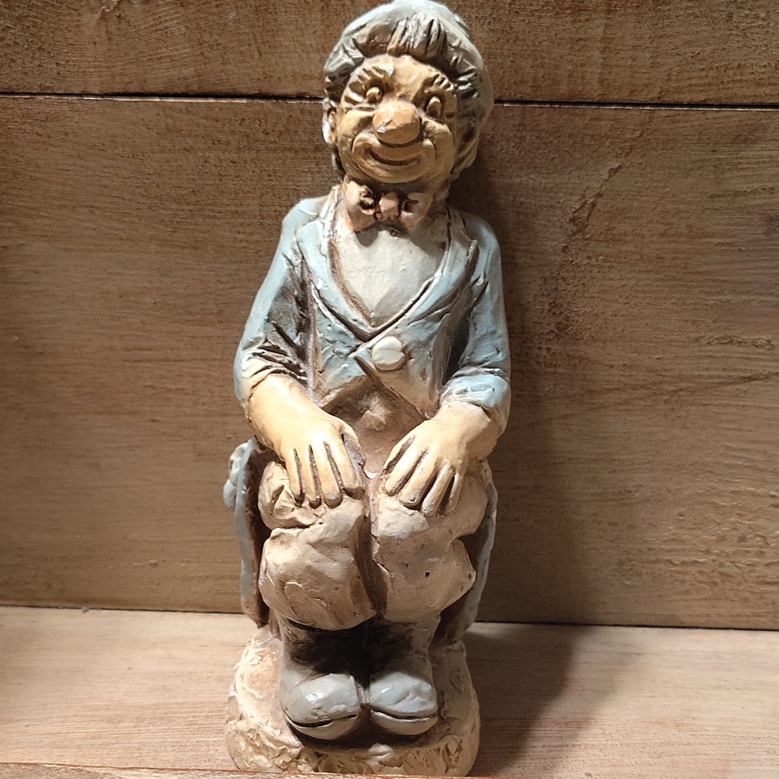 Hand Painted Resin Seated Man Figurine, Blue Coat Suit & Hat, Beige/Brown