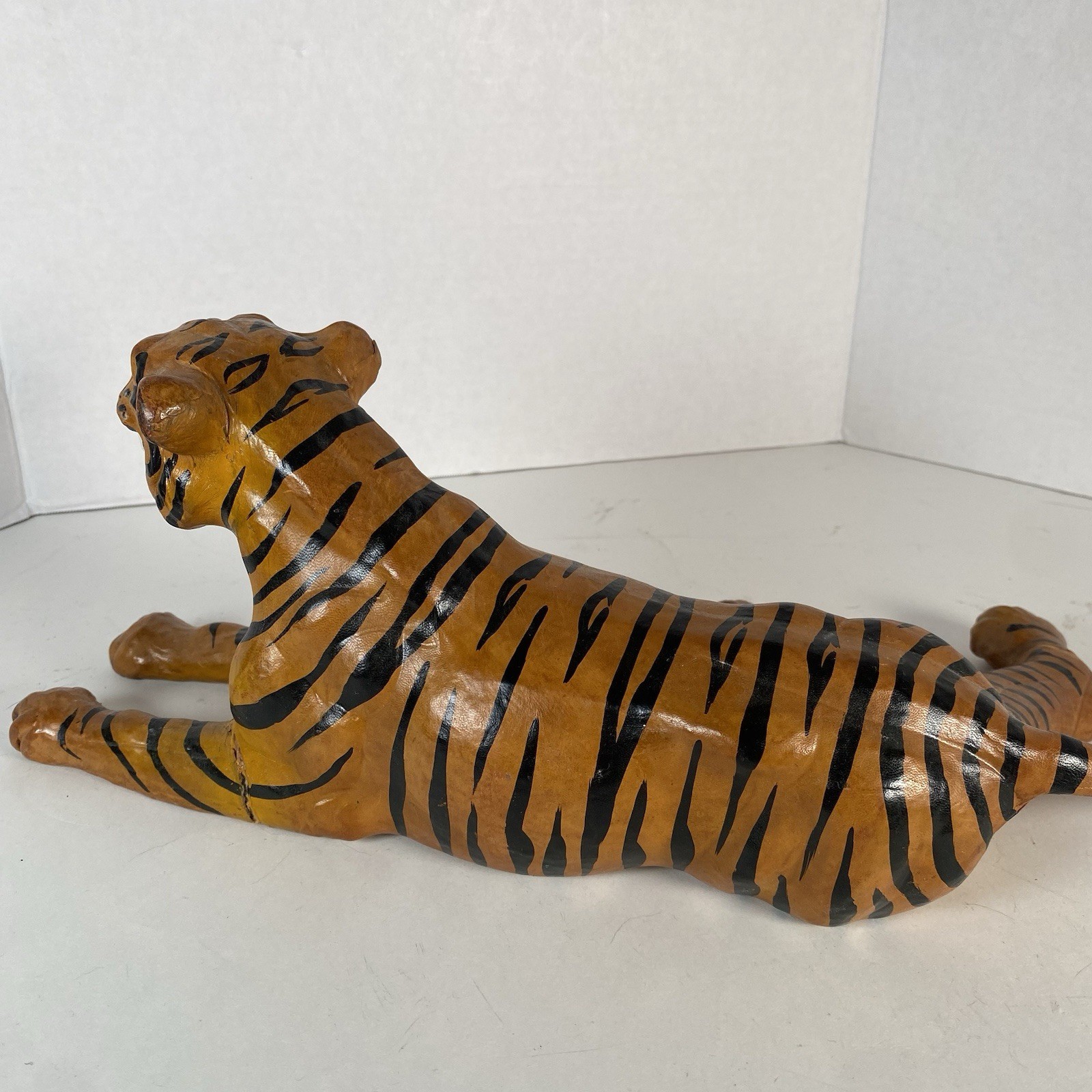 Vintage Leather Wrapped Orange Tiger FIgure Figurine Statue MCM Mid Century