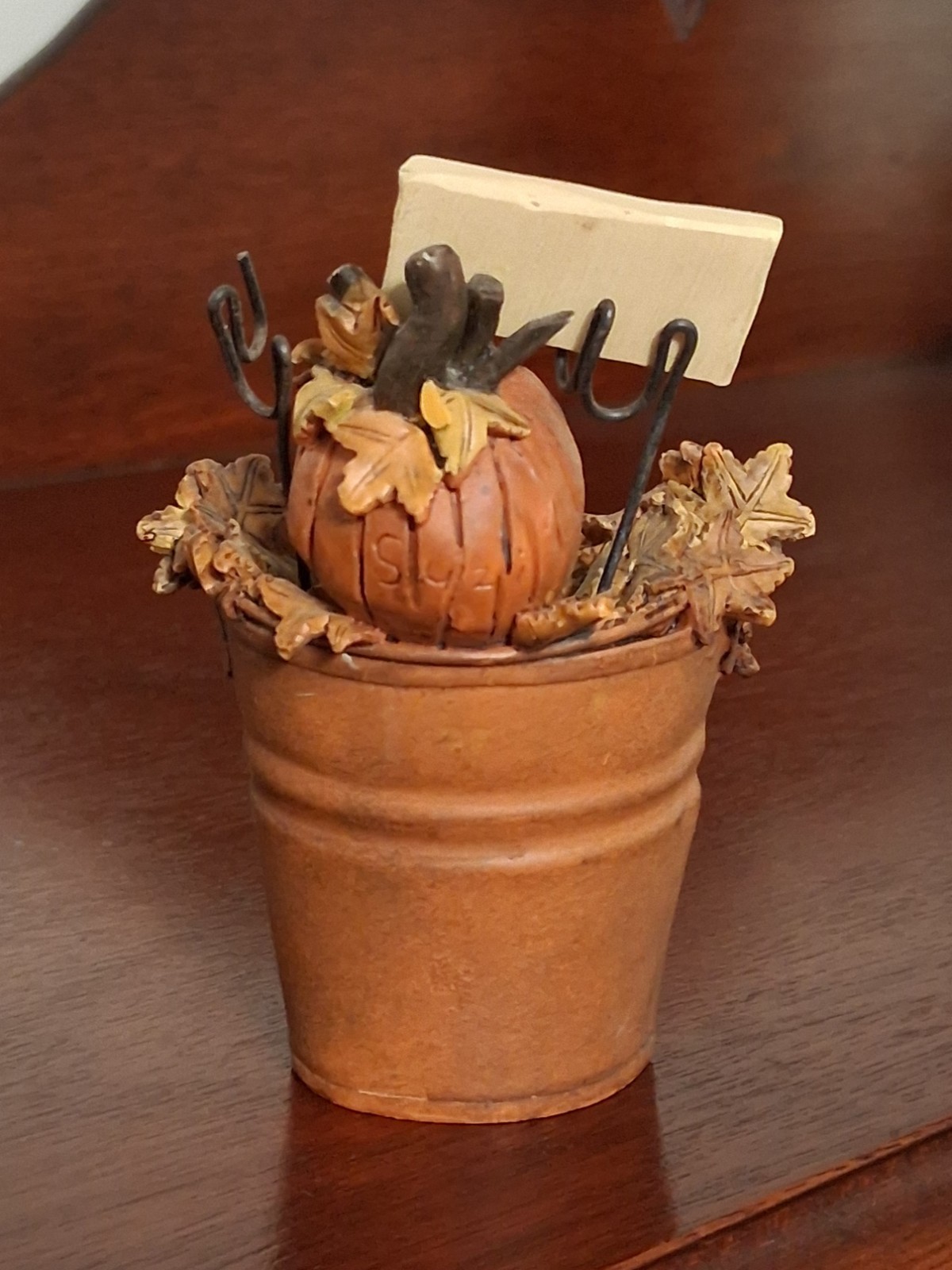 RARE Vintage Blossom Bucket Happy Fall Y’All Pumpkin in a Basket of Leaves Figur