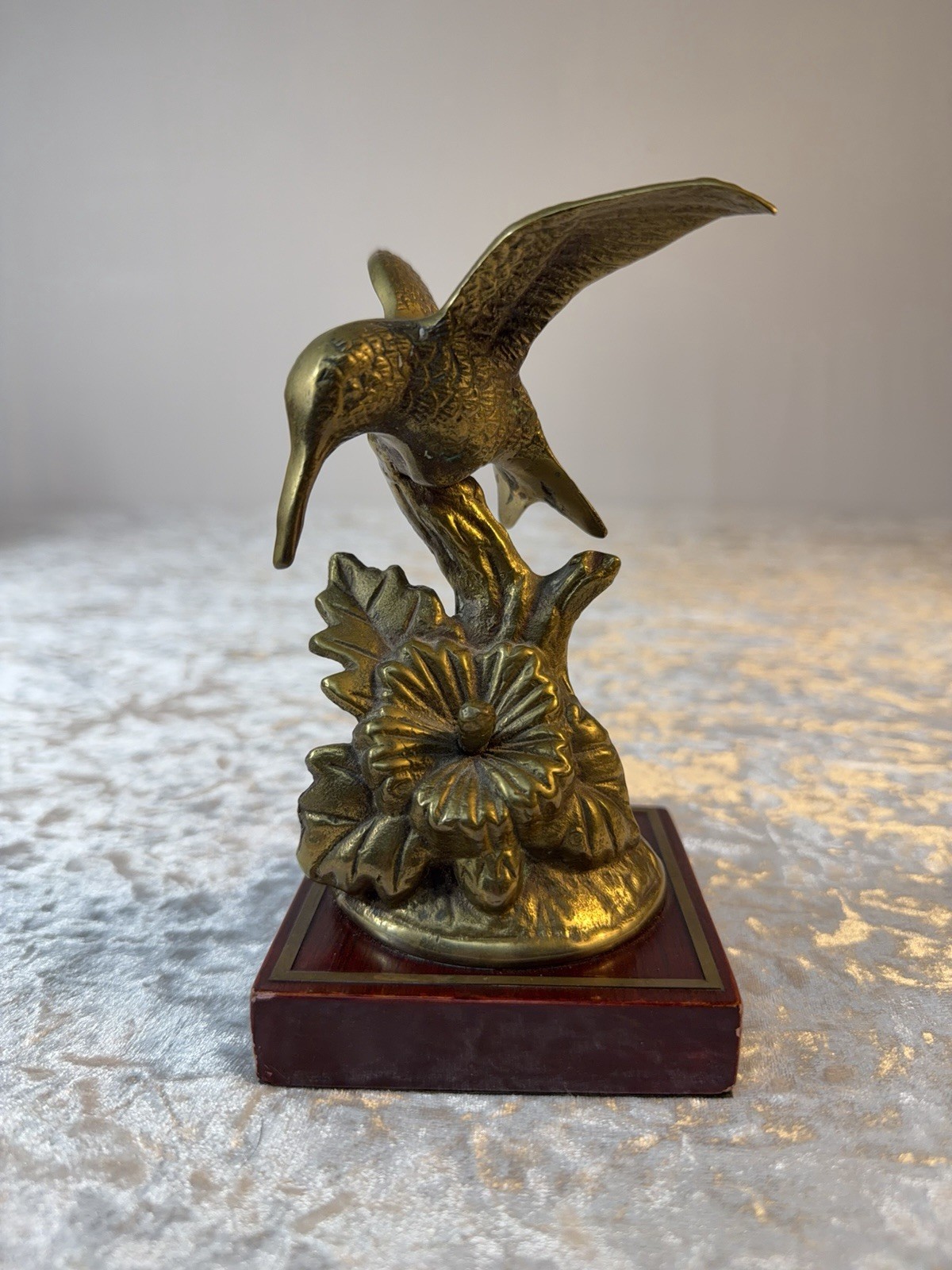 Vintage Brass Hummingbird Figurine on Wood Base Bird Statue Nature Decor