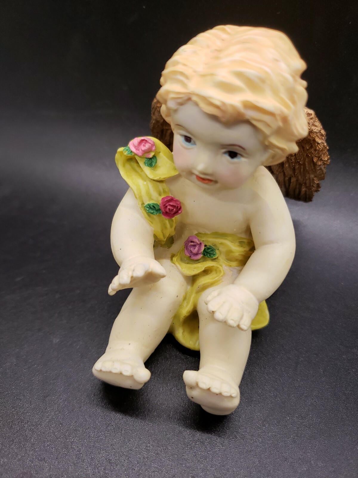 Beautiful Porcelain Cherub 3” winged baby boy sitting Very Detailed