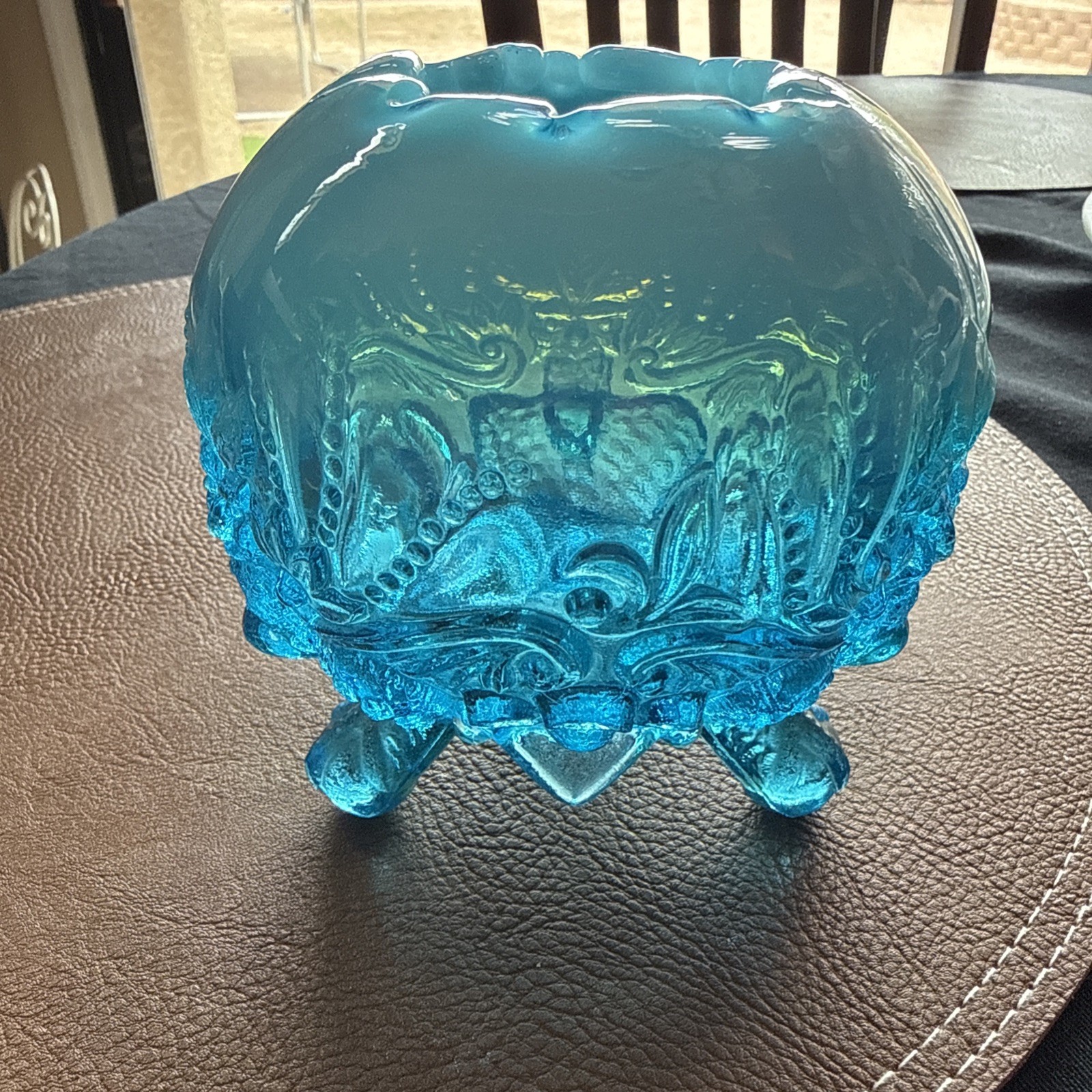 Vintage English Sowerby Blue Opal Piasa Bird Opalescent Glass Rose Bowl