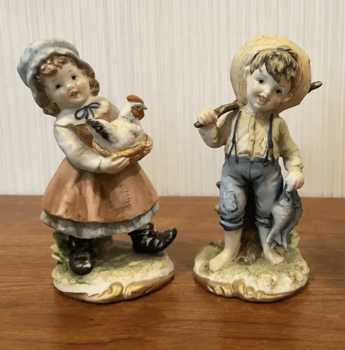 Lefton China Farm Girl W/Chicken & Boy W/Fish KW2667 Vintage Farmhouse Figurine
