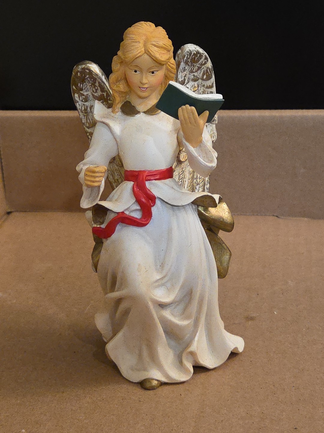 Blonde Haired Angel With Book Golden Wings Red Sash Christmas Noel