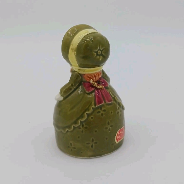 Vintage Lefton Porcelain Girl Bell Figurine Green Dress Bonnet 1970-1980s Japan