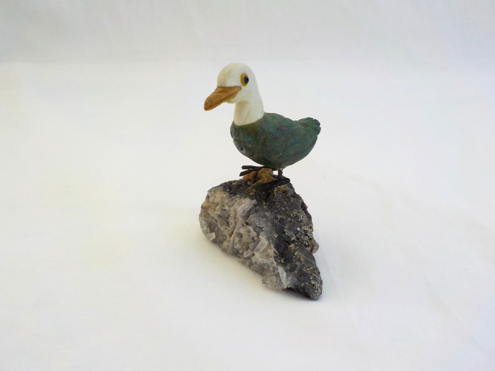 Vintage Extra Small Duck Hand Carved Stone Bird Figurine 2.25″Tall Green White