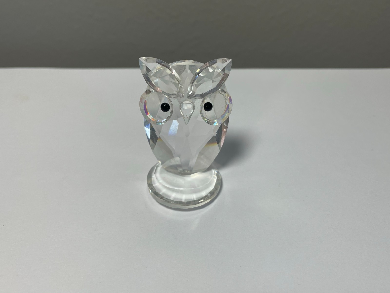 Clear Faceted Glass Crystal Owl Figurine w/Black Eyes 1 3/4” Tall
