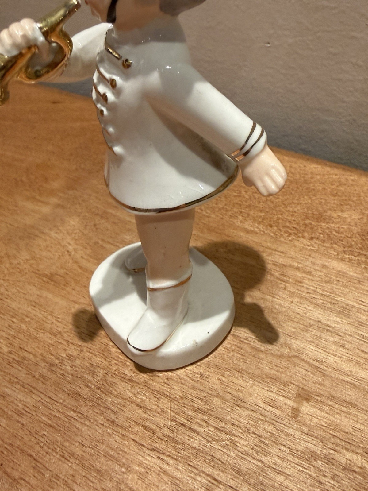 Napco Majorette Girl w/ Feather Cap, Marching Band Trumpet, White & Gold 6” EUC