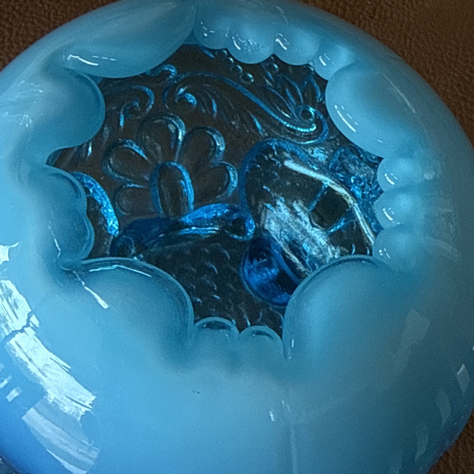 Vintage English Sowerby Blue Opal Piasa Bird Opalescent Glass Rose Bowl