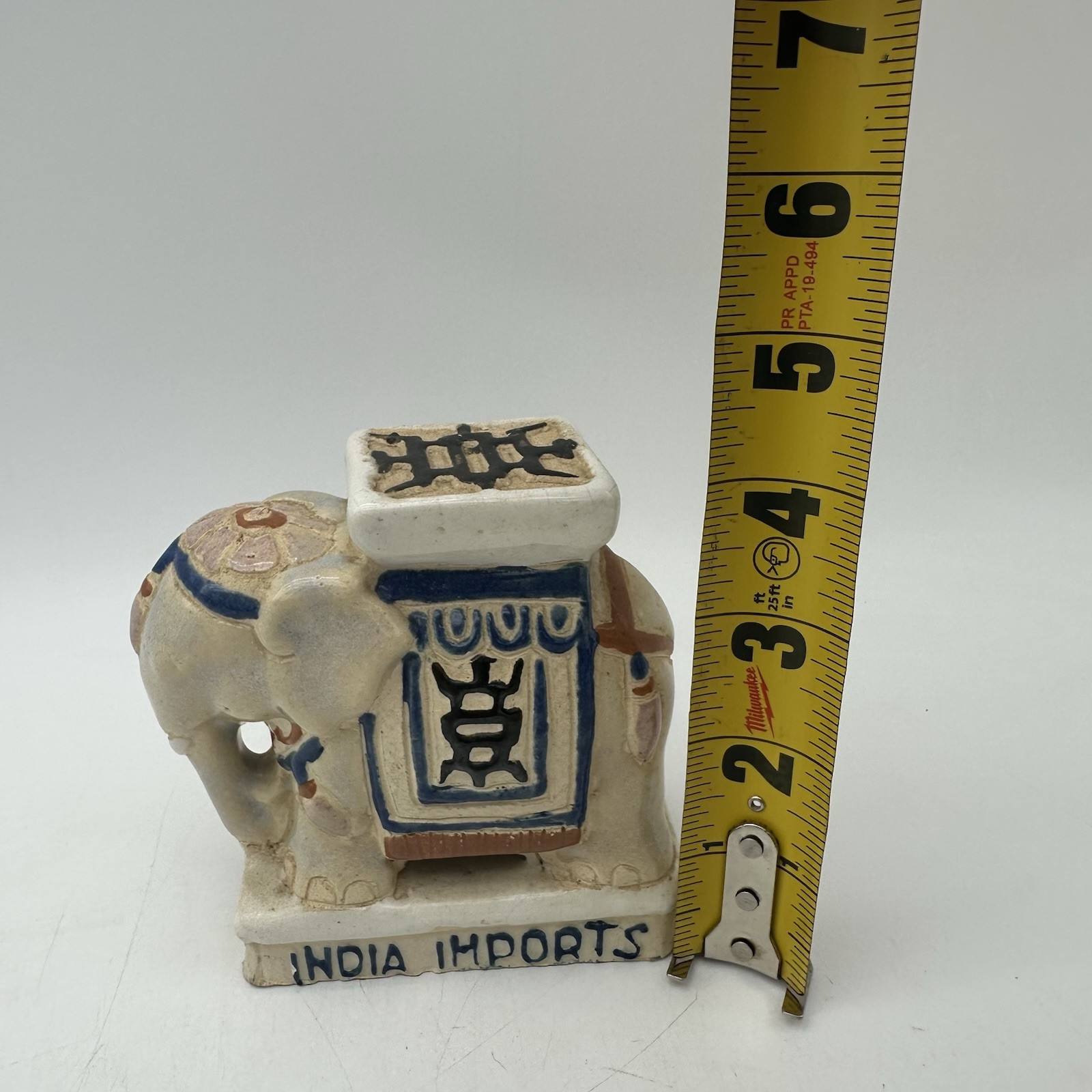 Vintage Glazed Ceramic 4” Elephant India Imports Cream, Brown & Blue Tones