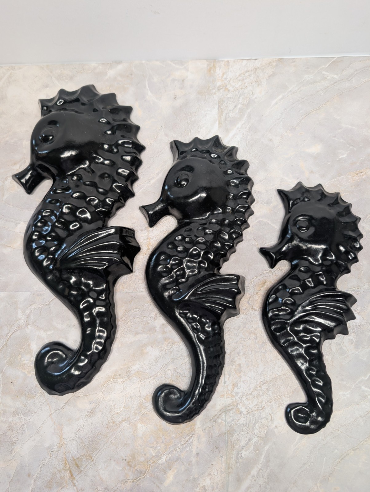 Vintage Seahorse Family Black Ceramic 1970’s Wall Decor Ocean Nautical Cottage
