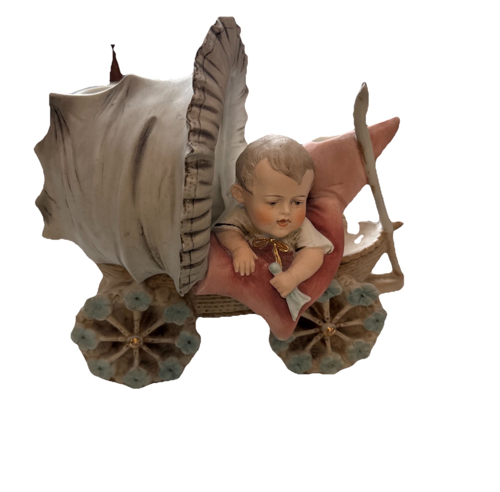 Vintage Bisque, Piano Baby Boy In A Carriage Hand painted Germany #9089