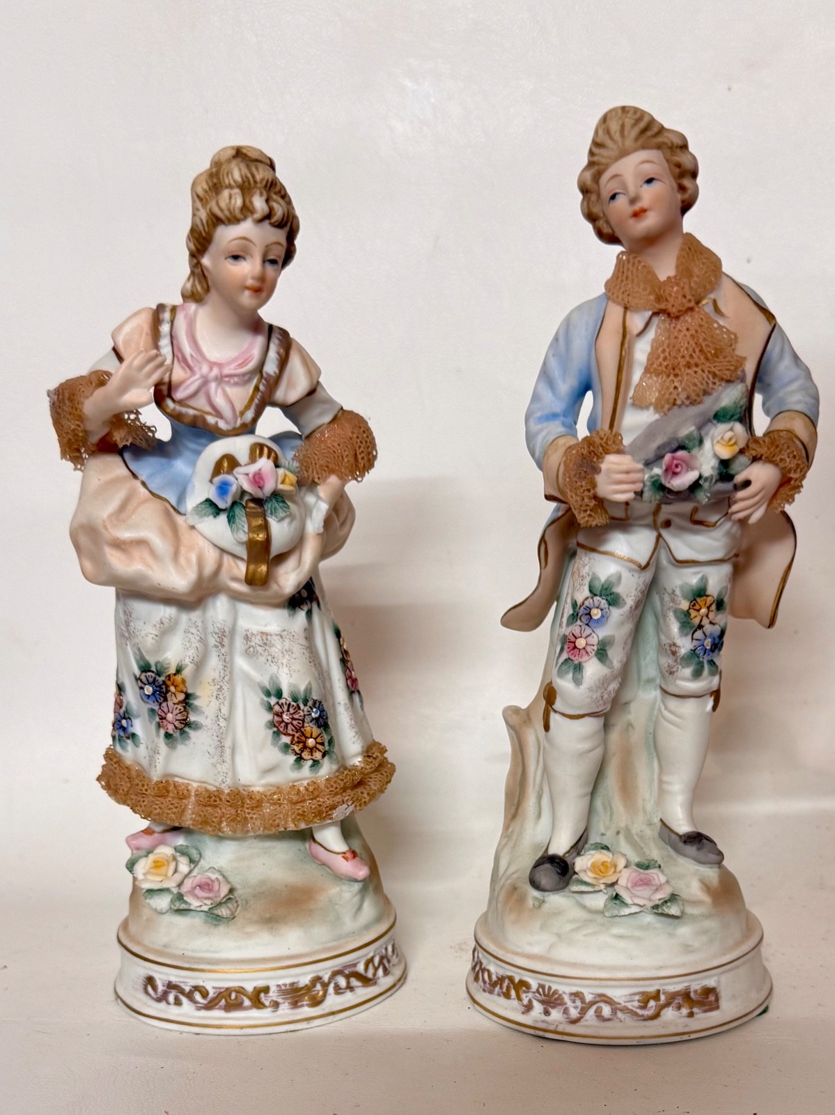 Vintage Bisque Porcelain Courting Couple Figurines Pair Applied Lace Floral Vict