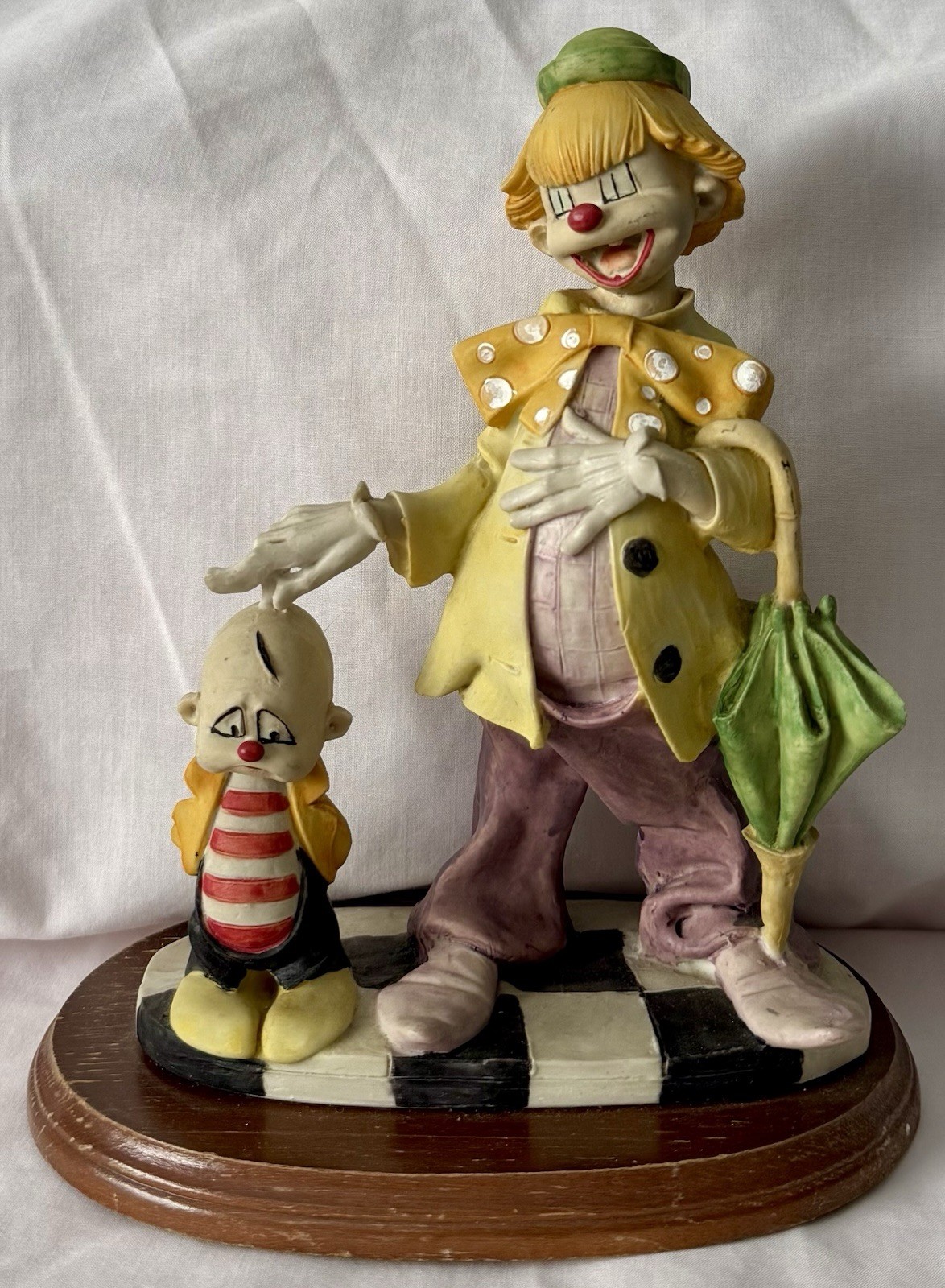 Davar 2 Clowns Adult w/Umbrella & Child Resin Figurine Checkered Base on Wood