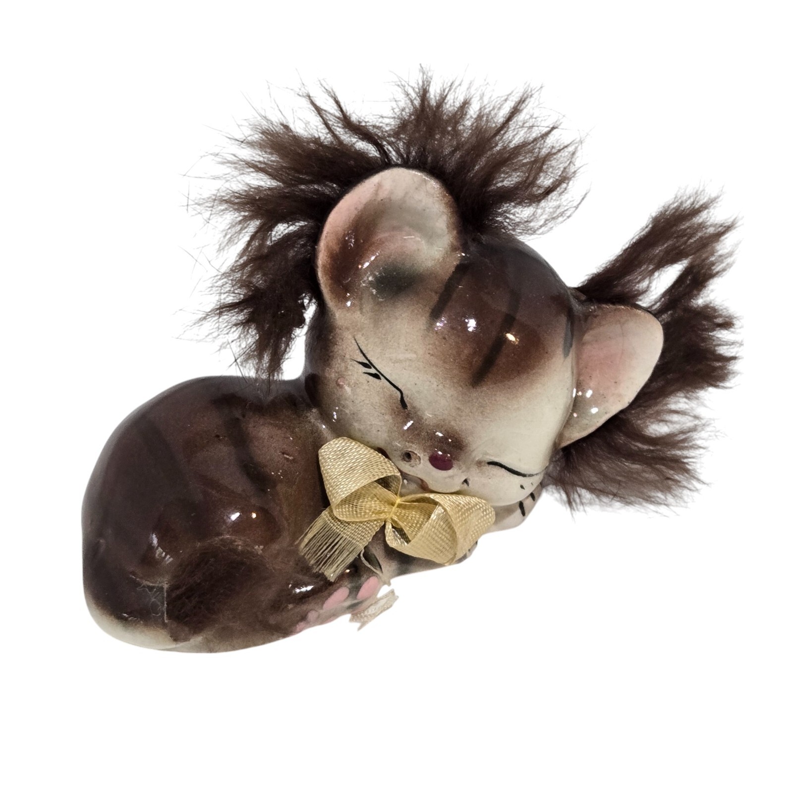 Mid Century Ceramic Cat Figurine With Furry ears and Tail 4″ Japan Ucagco sleep