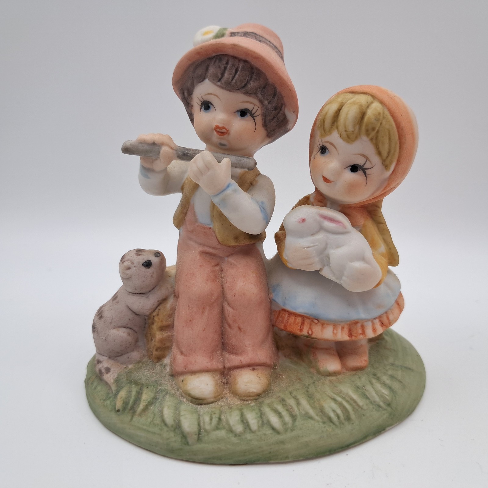 ​Vtg Porcelain Figurine Boy Playing Flute Girl with Rabbit Pastoral Hummel Style