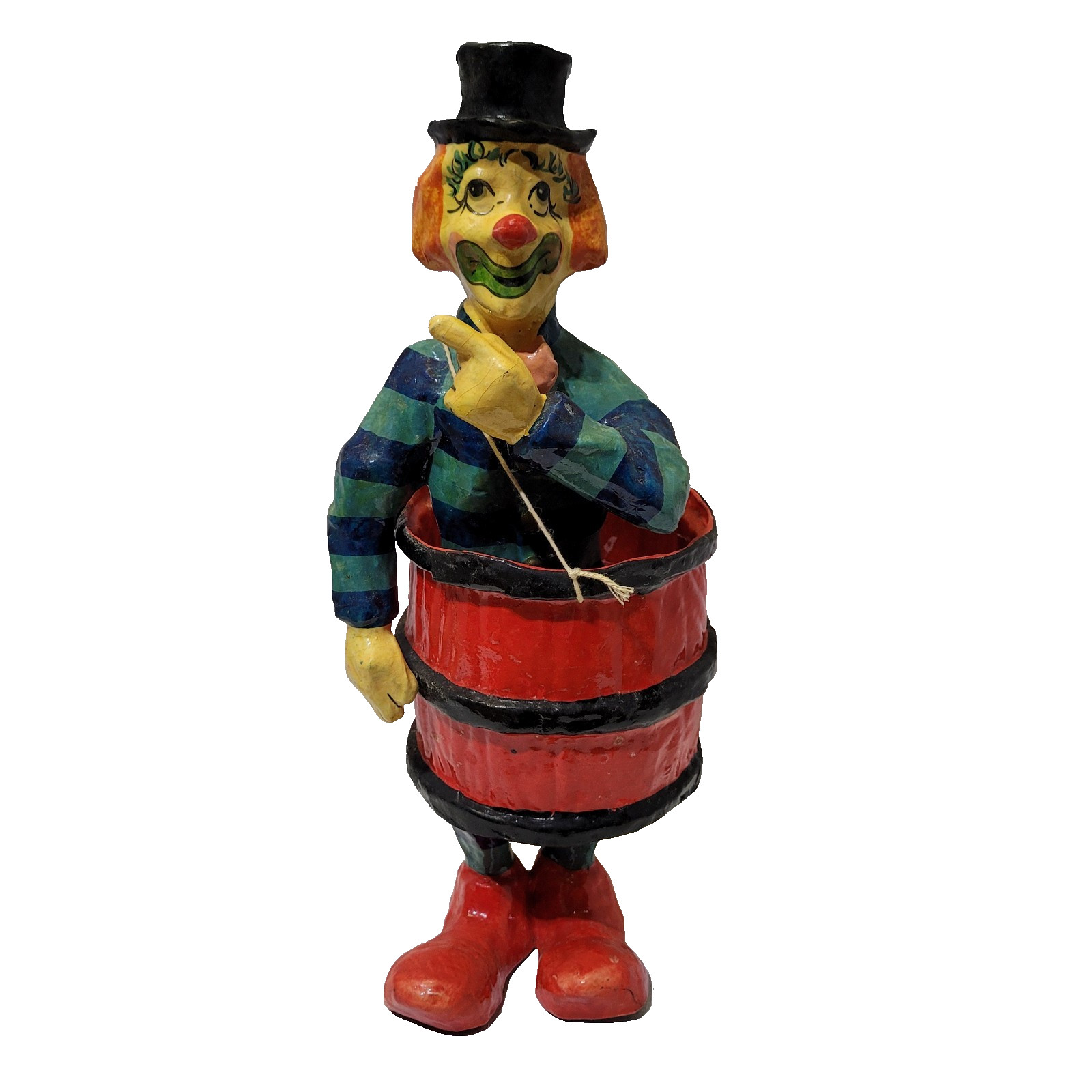 Paper Mache Clown In Barrel Mexico 13.5in