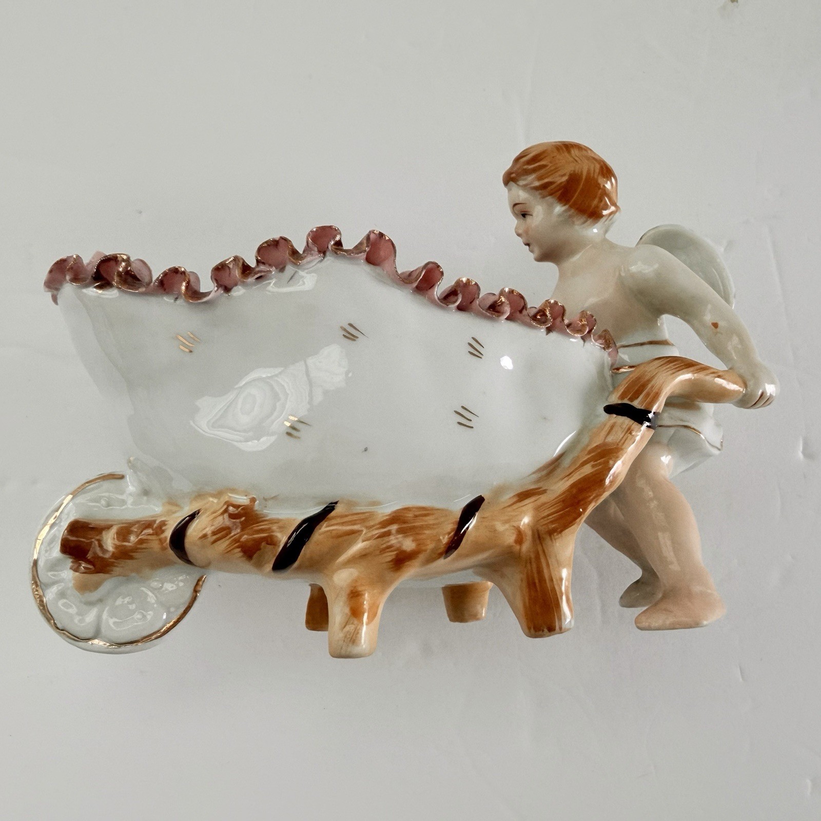 Vintage Porcelain Cherub Putti Pushing Wheelbarrow Bone China Lace Japan 6”