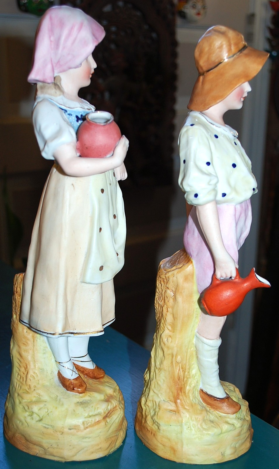 SET 2 Antique GEBRUDER HEUBACH Porcelain Figurines BOY & GIRL W MILK JUGS c1900