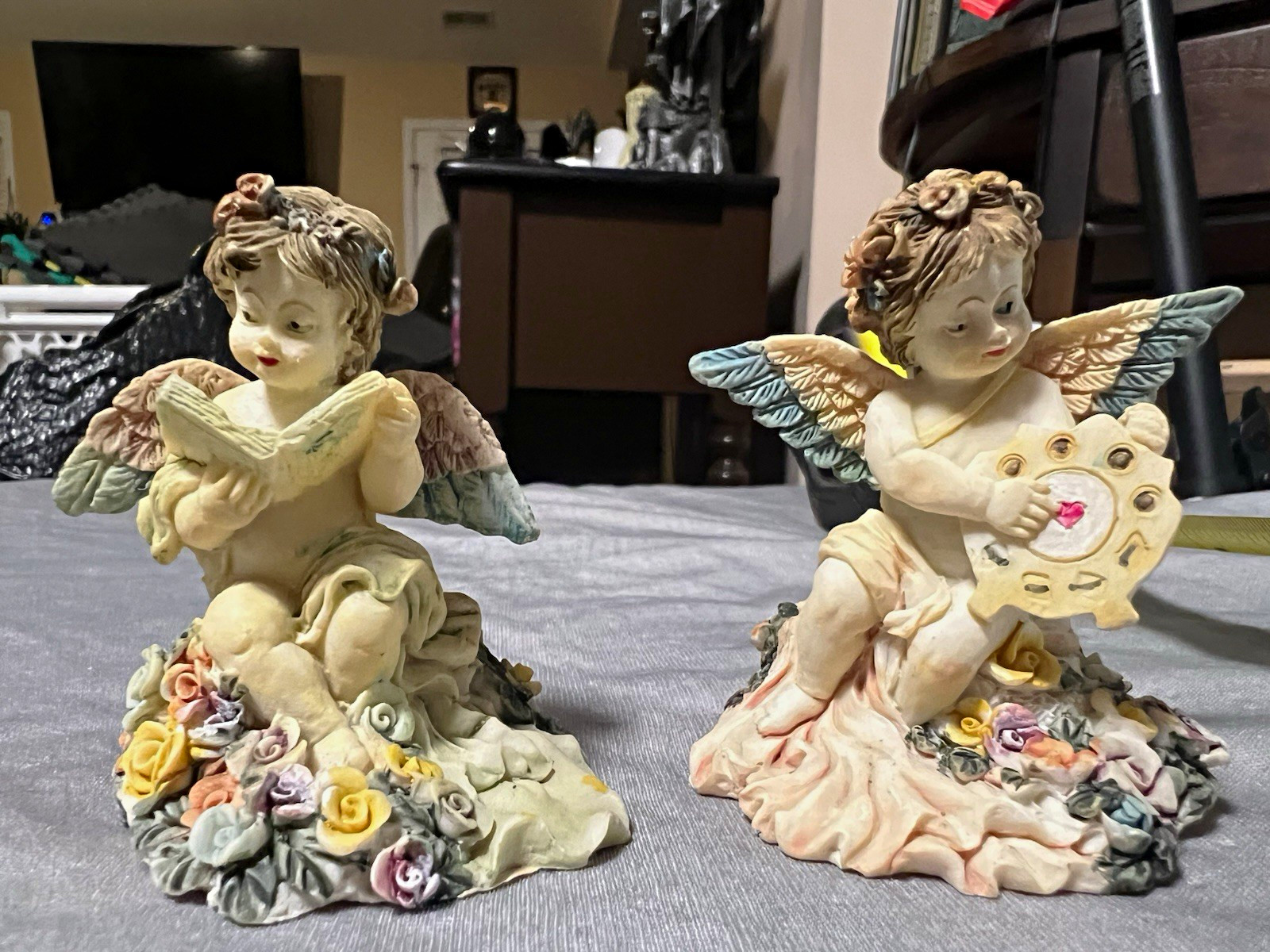 CWI Hand Painted Resin Cherub Angel Figurines Set of 2 3″ Multicolor 2000s