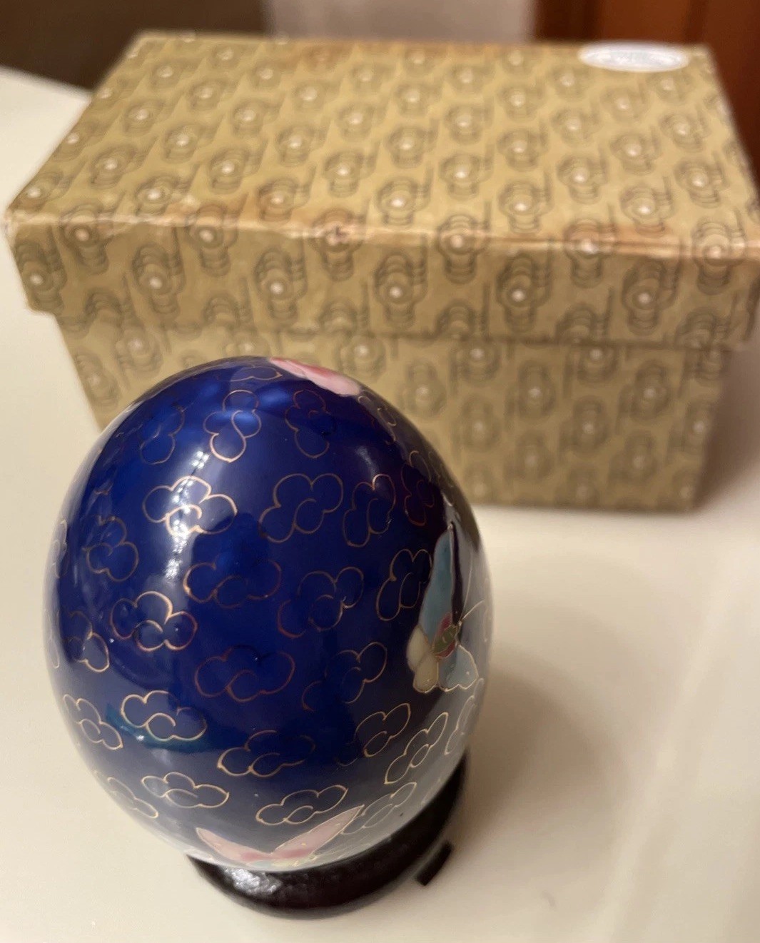 Vintage Cloisonne Egg-Hand Painted Blue Floral/Butterflies Porcelain -Wood Stand