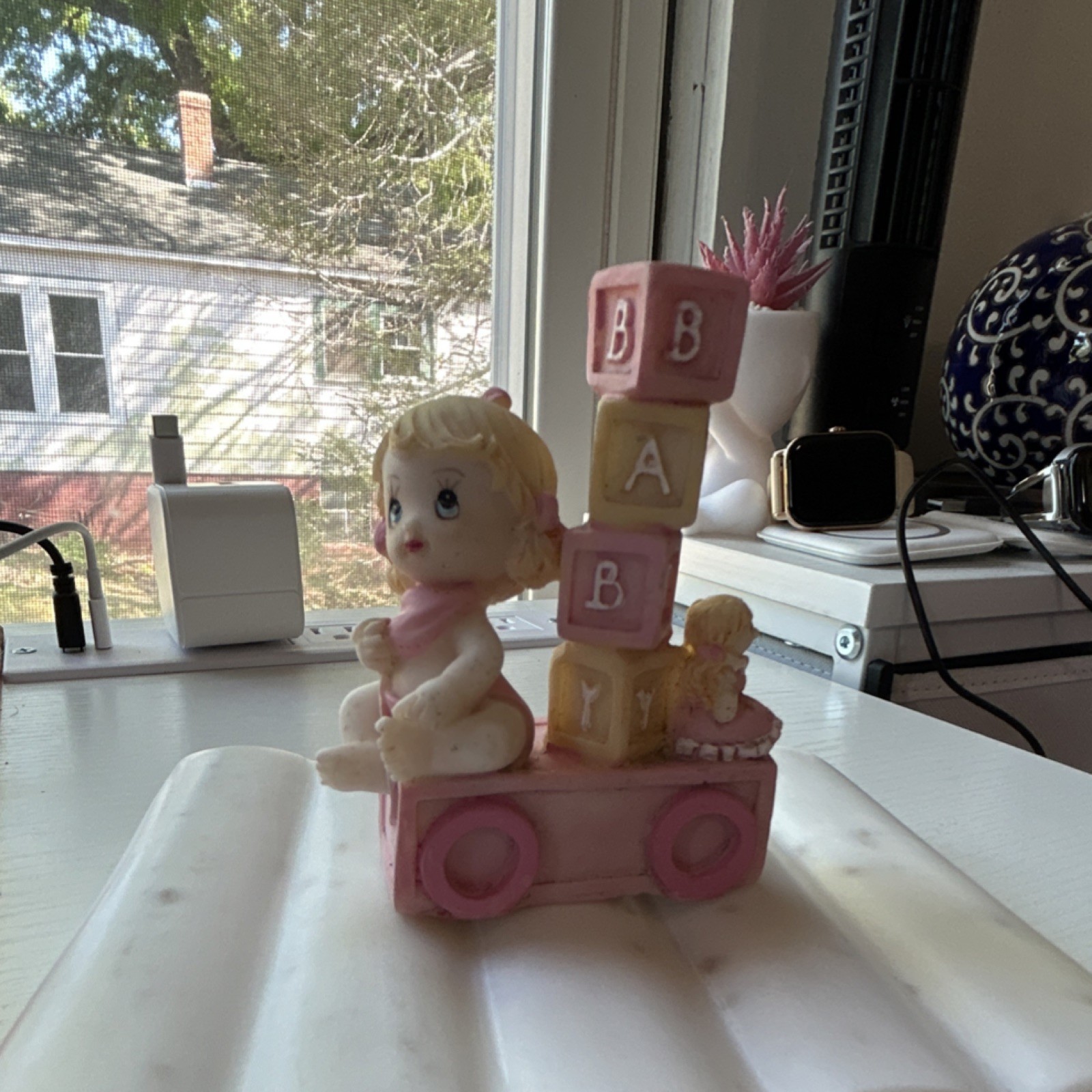 Ceramic Baby Figurine with Stacked Blocks Pink Yellow White Baby Shower Decor