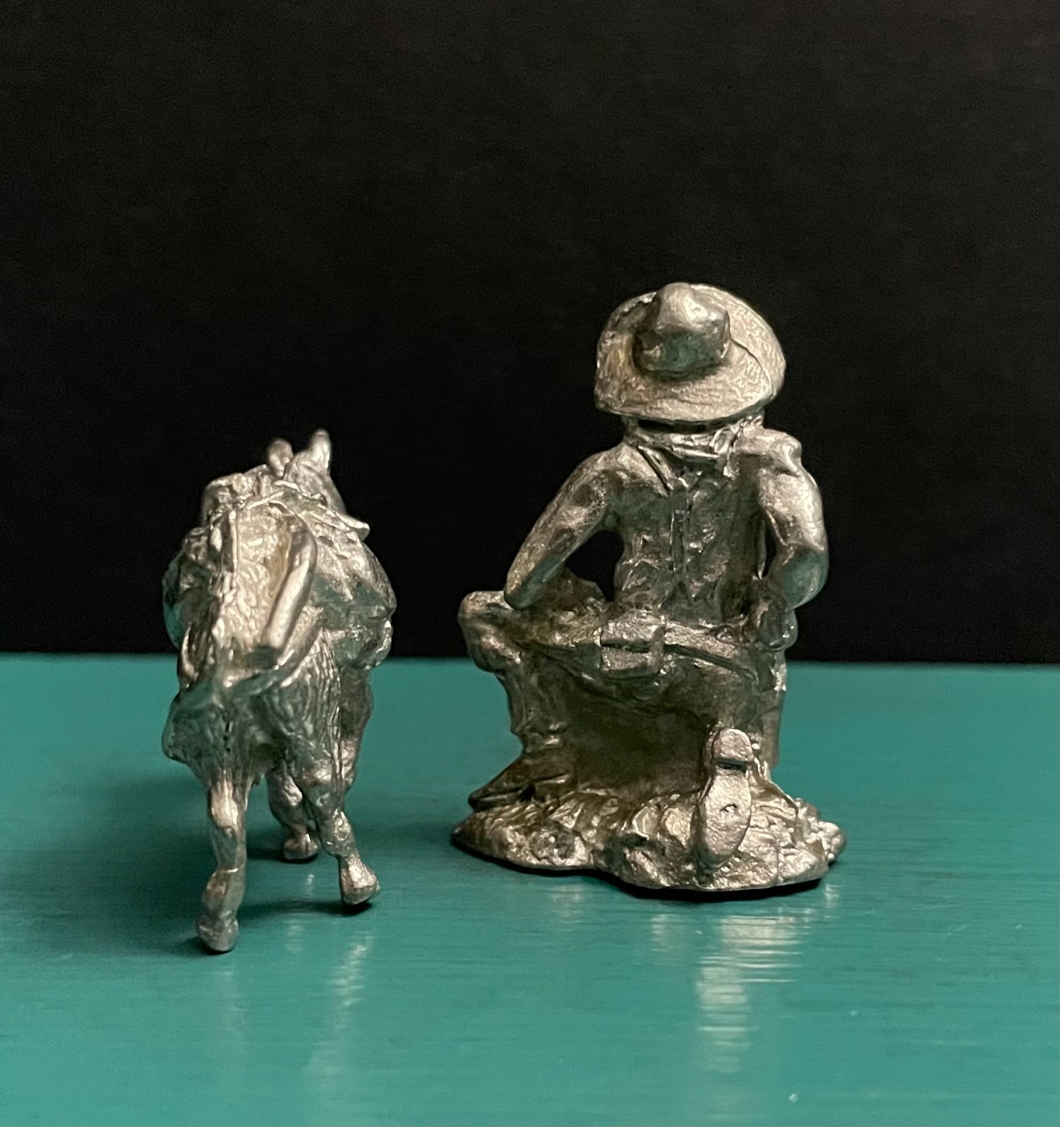 Pewter Western Prospector Miner Gold Pan Mining Donkey Burro Pack Mule Figurine