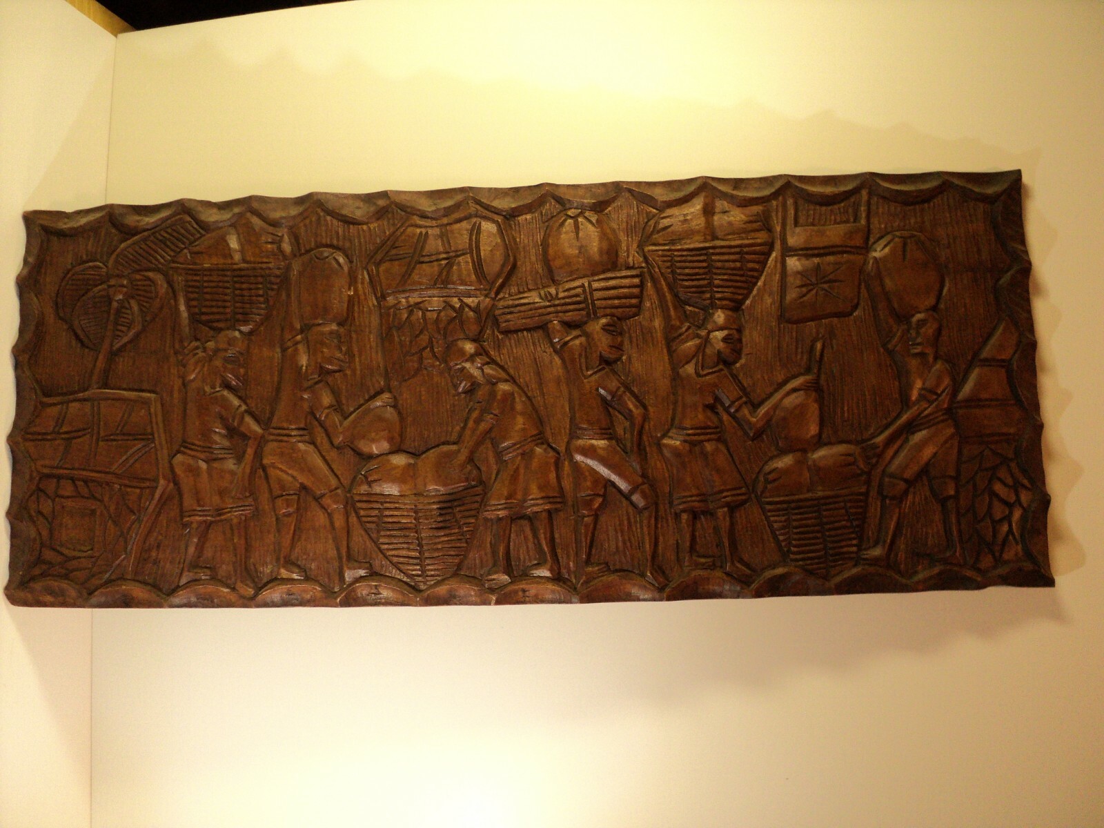 Vintage Hand Carved Wooden Market Scene. 23X13 inches. Islanders